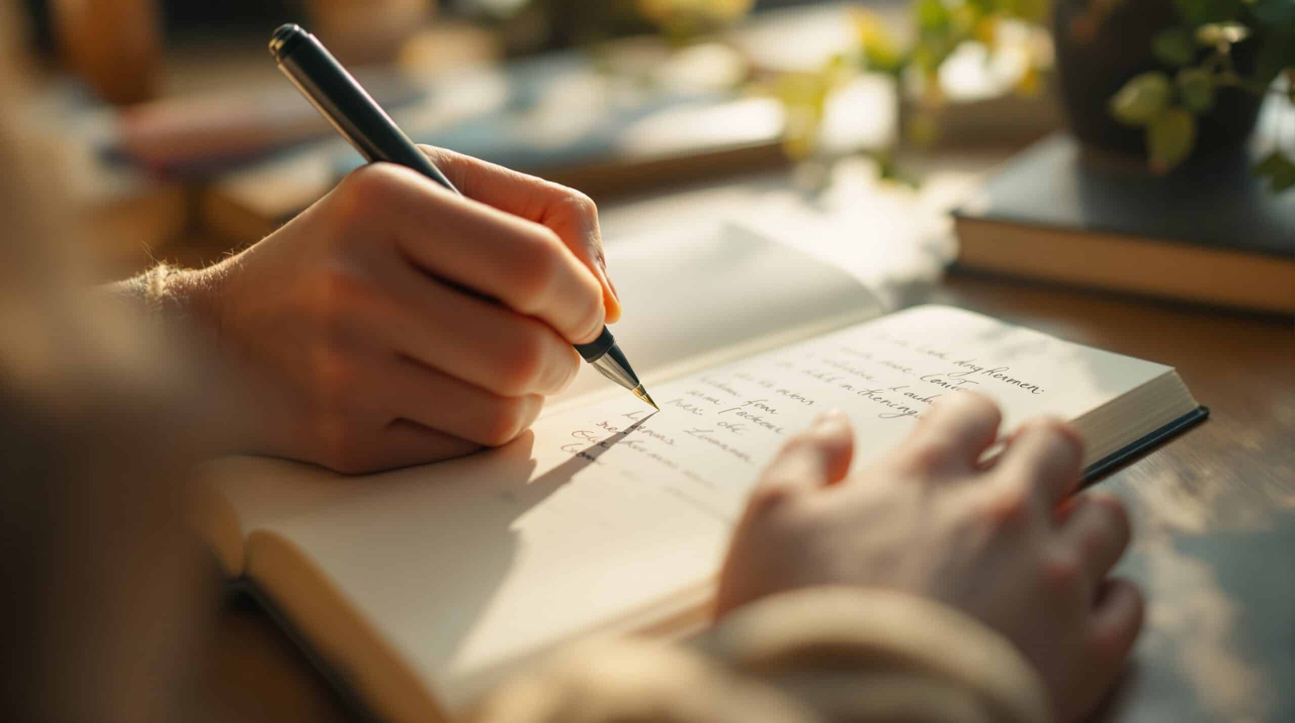 Hands writing in journal with pen, soft natural light creating warm glow, emphasizing self-discovery journaling practice