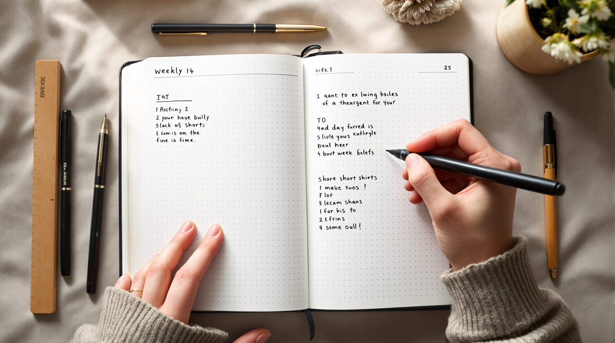 Hands writing in open bullet journal with black pen, creating task lists on dotted grid pages with minimal supplies