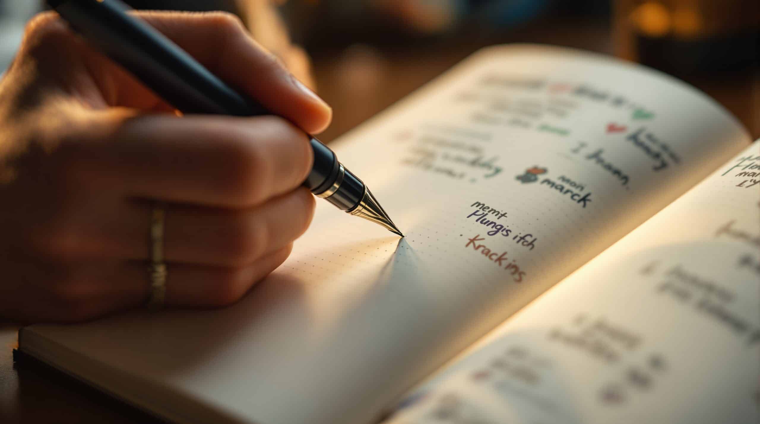 Close-up of hand writing in bullet journal with fountain pen, showing dot grid pattern and smooth ink flow