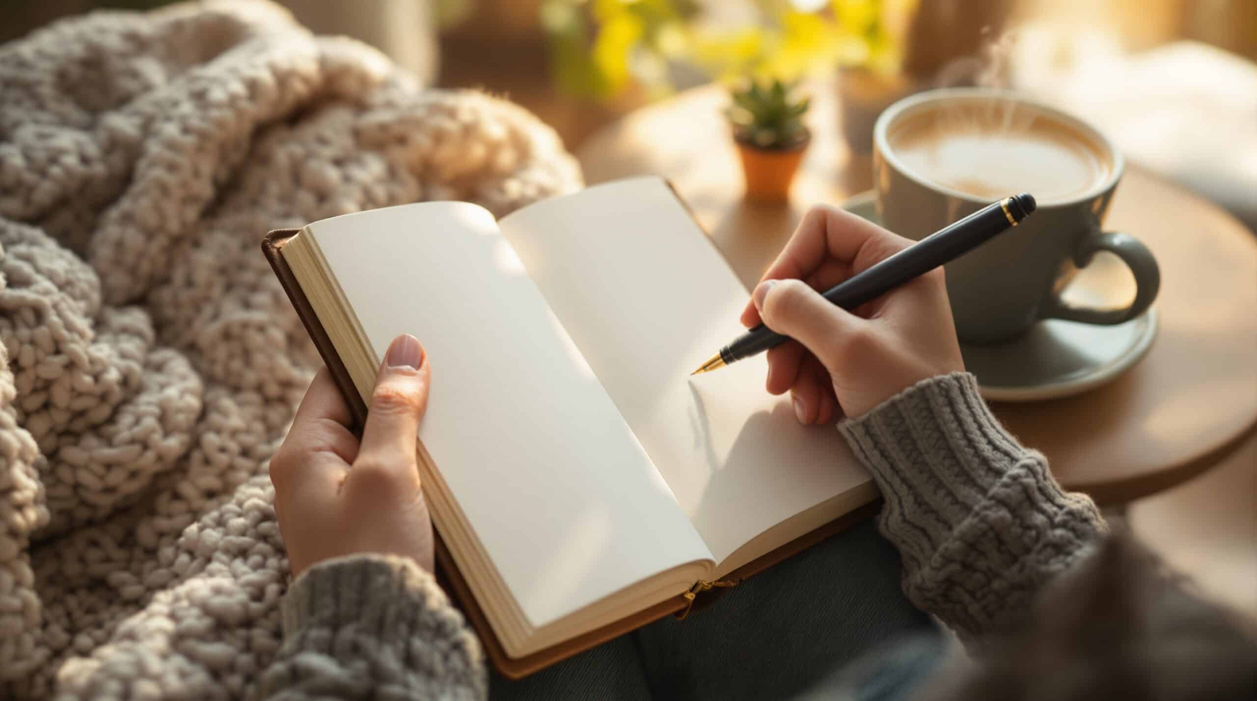 Hands writing in leather gratitude journal with fountain pen in cozy reading nook with morning light and coffee