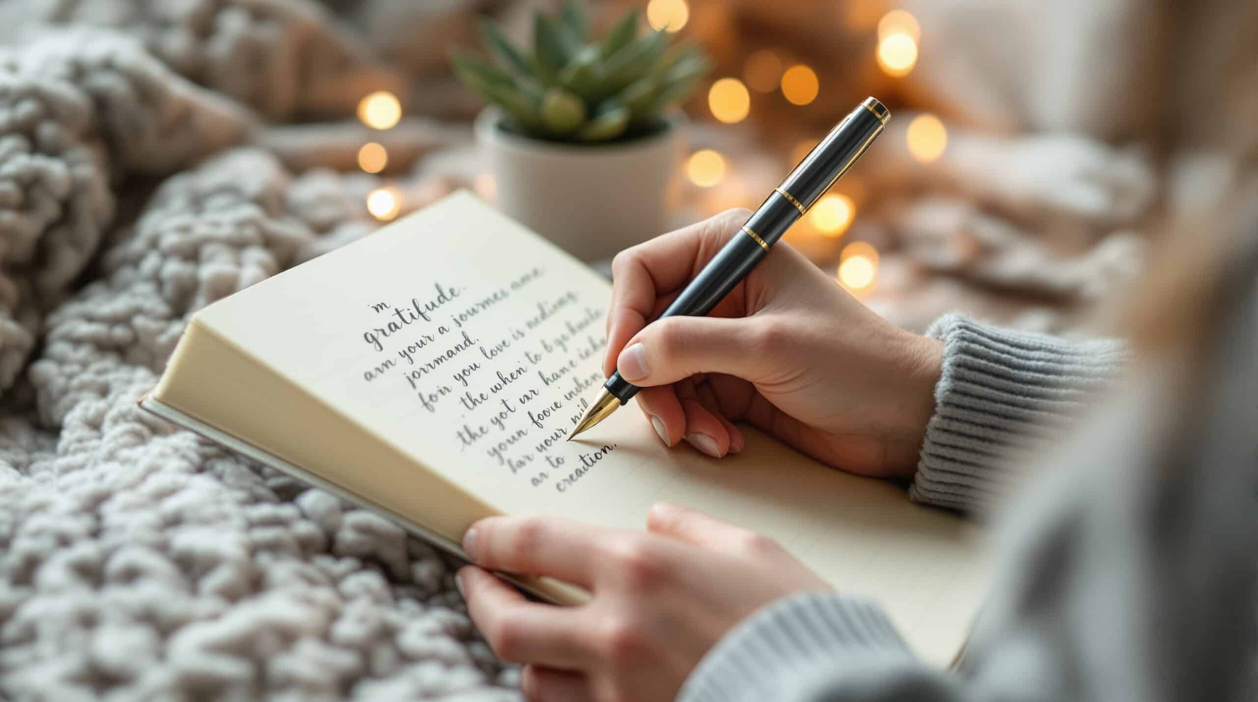 Hands writing in gratitude journal with fountain pen on cream paper in cozy reading nook with soft lighting