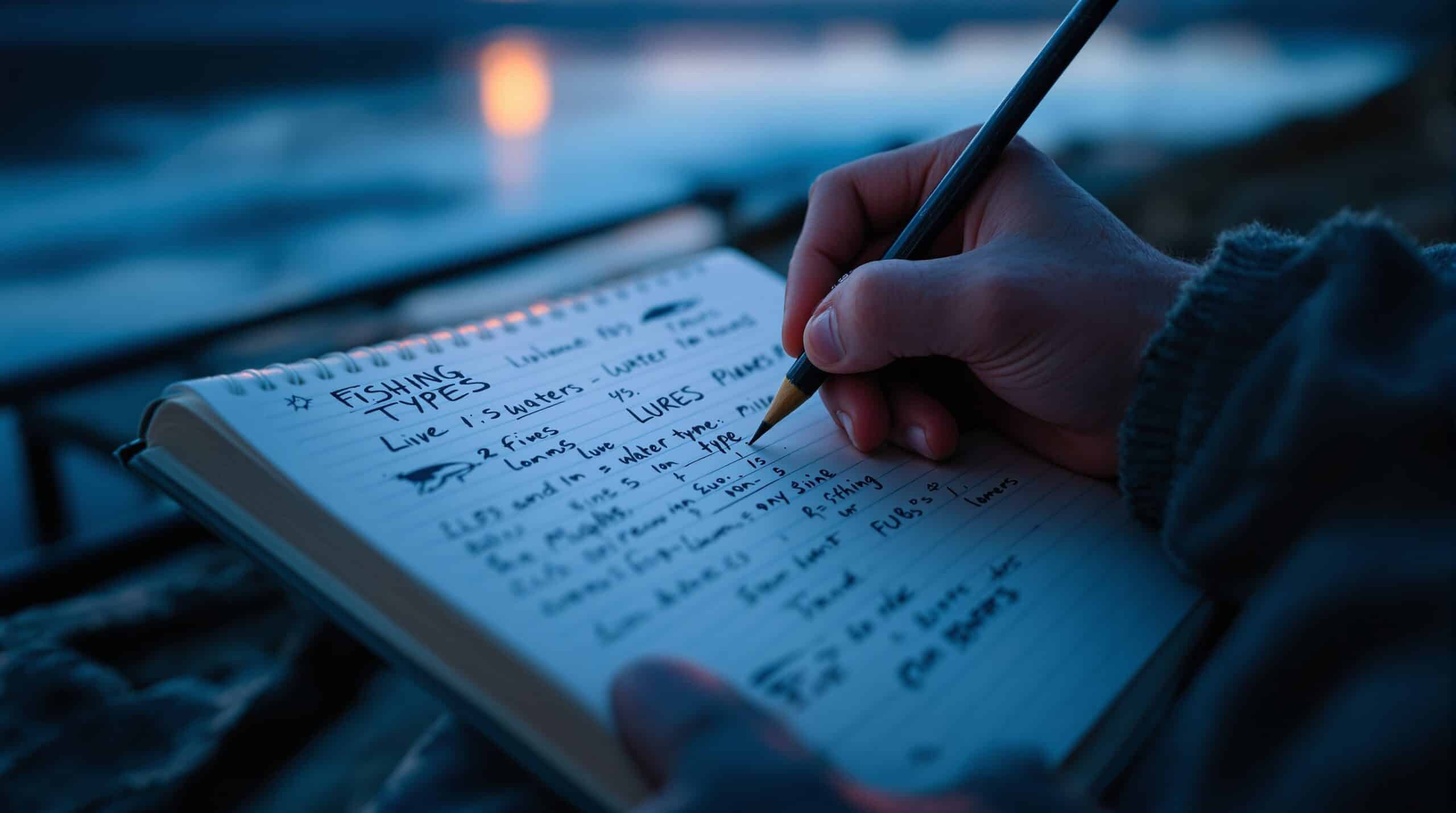 Weathered hands writing in fishing journal with lure sketches and temperature notes at peaceful lakeside during blue hour