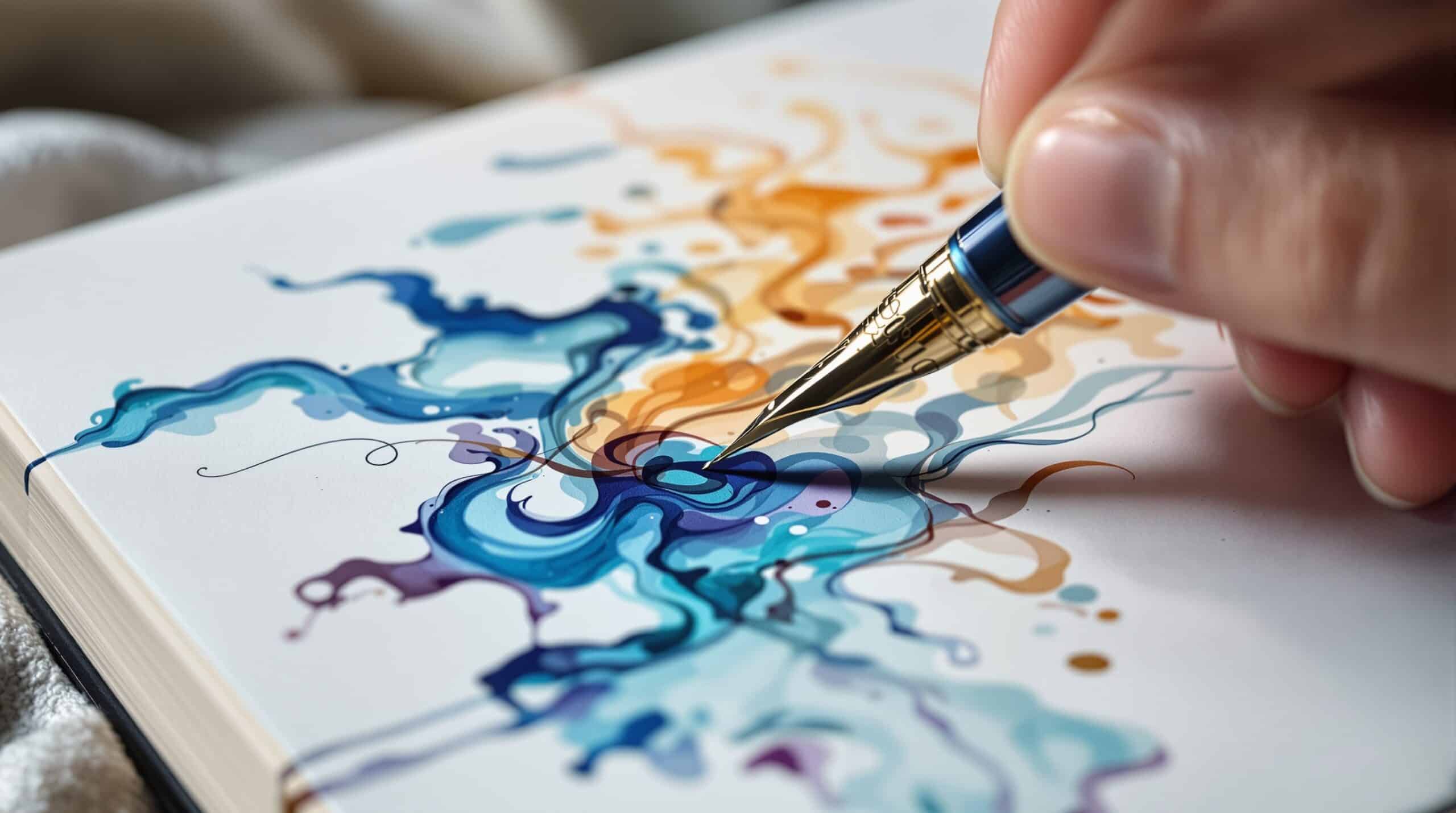 Hands holding fountain pen over open journal with colorful ink patterns representing emotional journaling and self-discovery