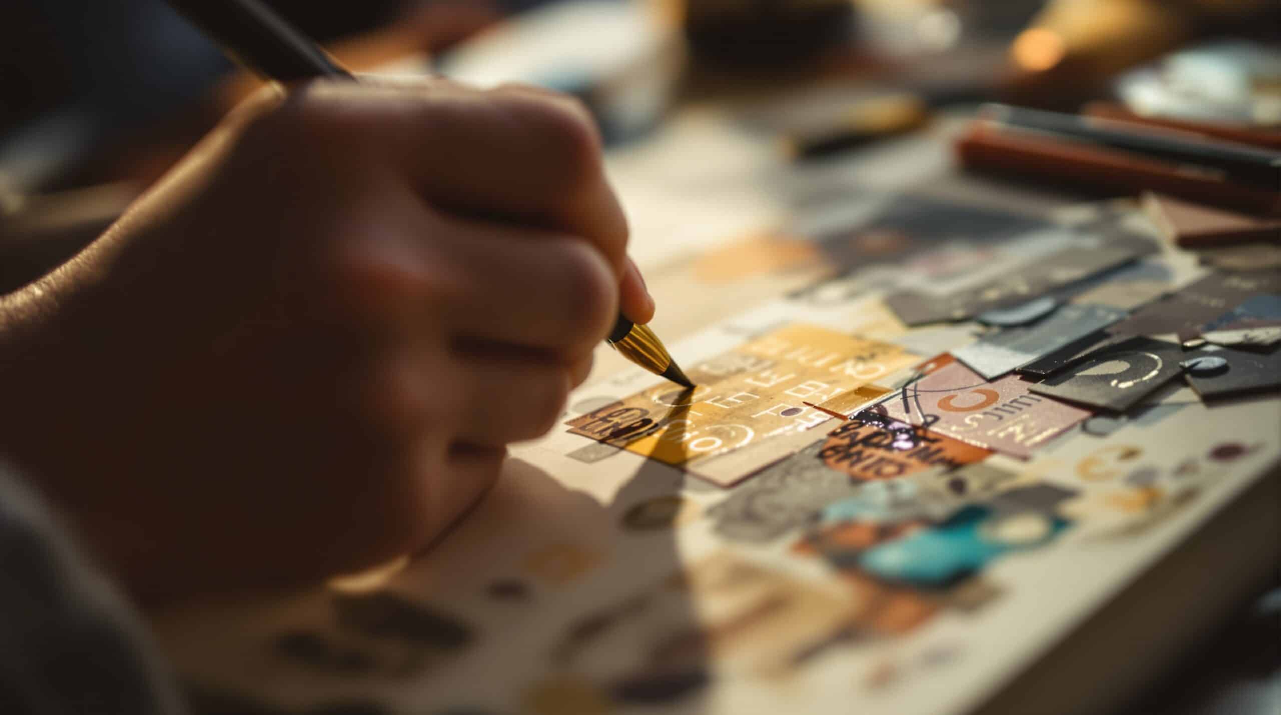 Hands creating art in visual journal with watercolor brush, showing layered textures and storytelling elements