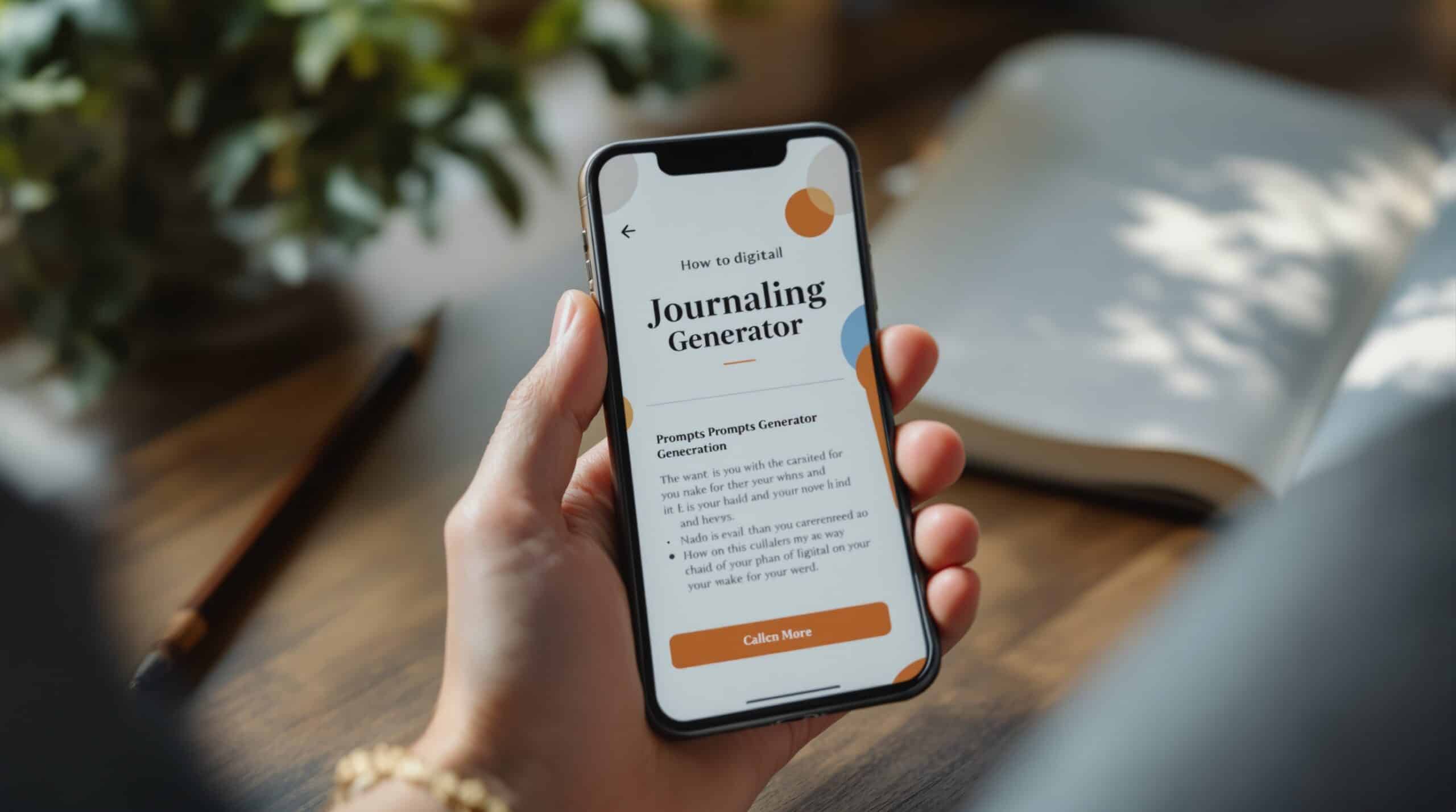 Hands holding smartphone with journaling prompts app interface, notebook and pencil on wooden desk in natural light