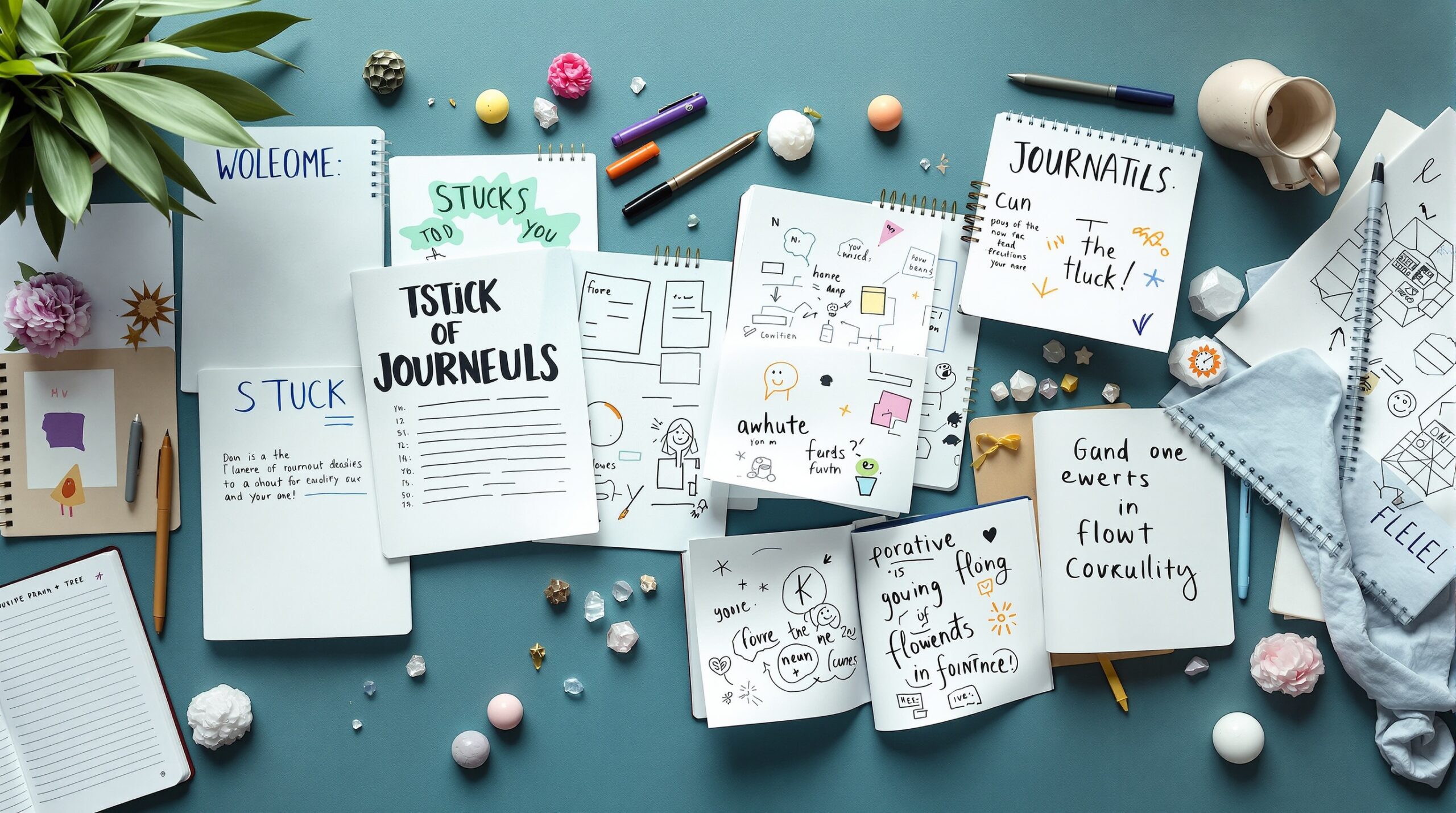 Overhead view of journal pages showing progression from blank to filled with writing, doodles, and mind maps