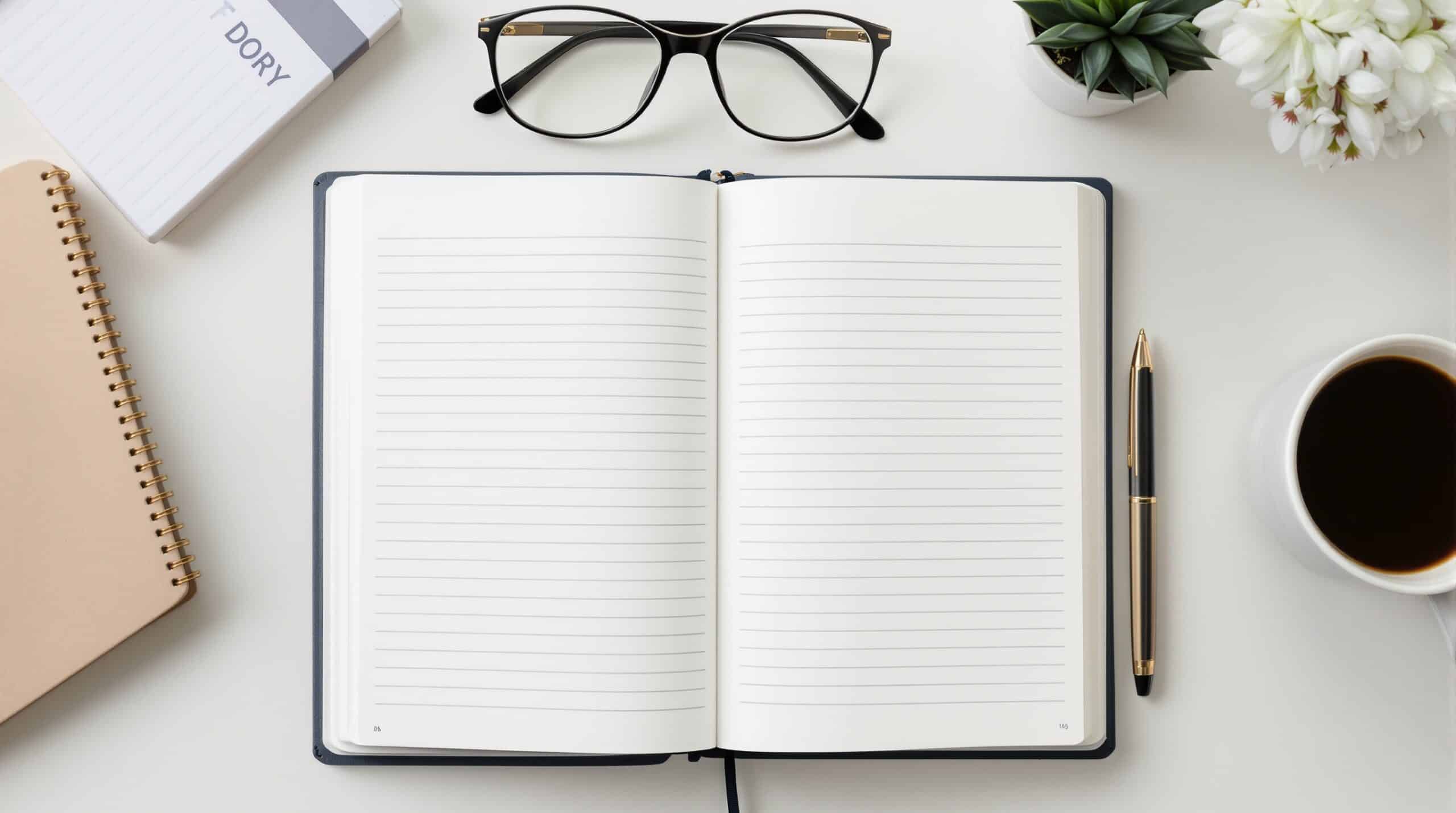 Open career development journal with blank pages on desk surrounded by pen, glasses, plant, and coffee cup