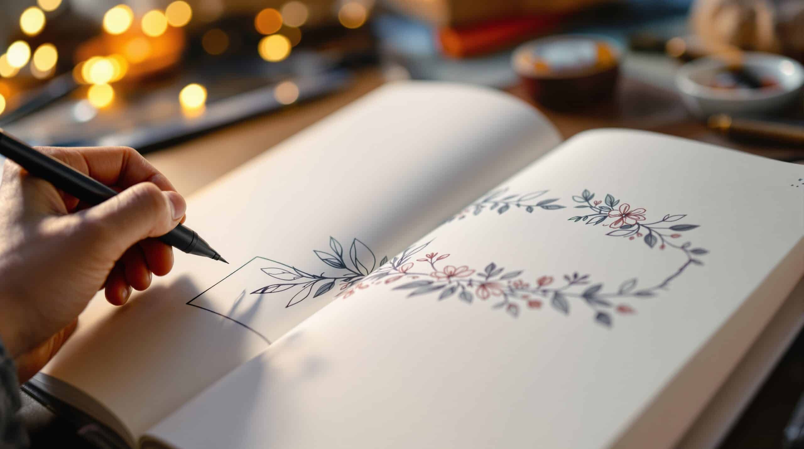 Hands creating bullet journal headers with black pen, showing minimalist geometric and floral banner designs in progress