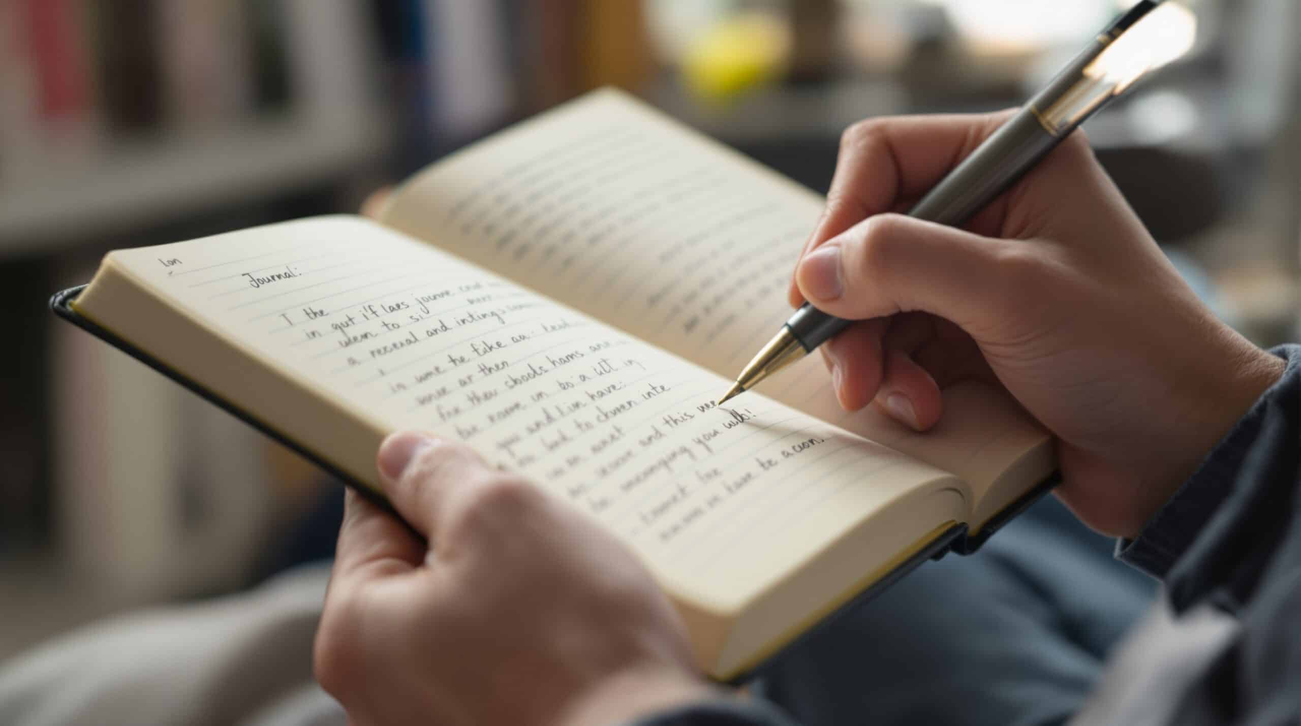 Hands writing in open journal with pen, soft natural lighting creating contemplative mood for daily journaling practice