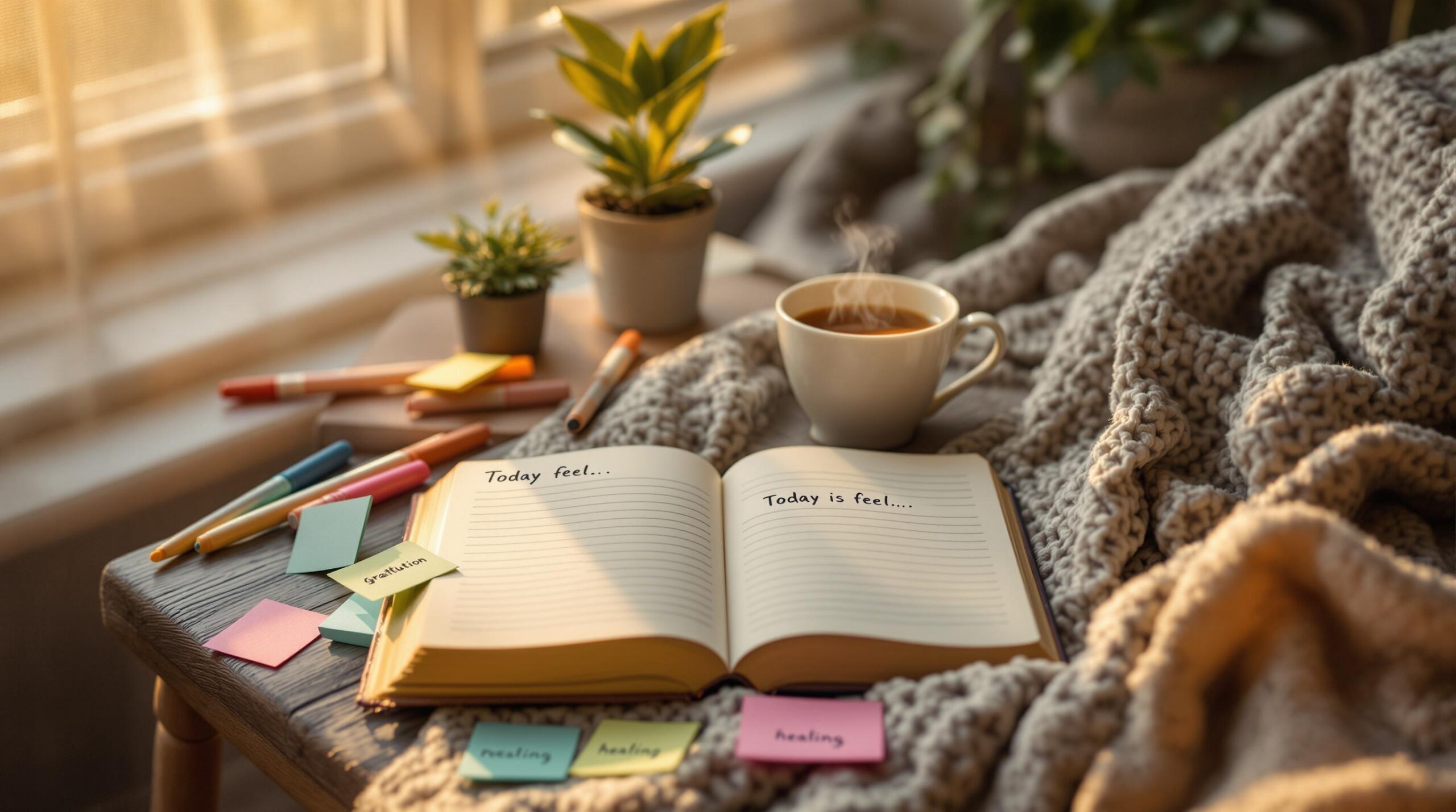  A cozy journaling space with an open journal showing 