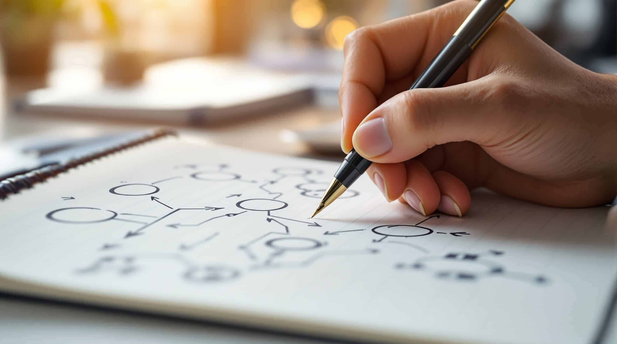 Hands sketching decision-making frameworks with circles and arrows in a professional journal using a quality pen