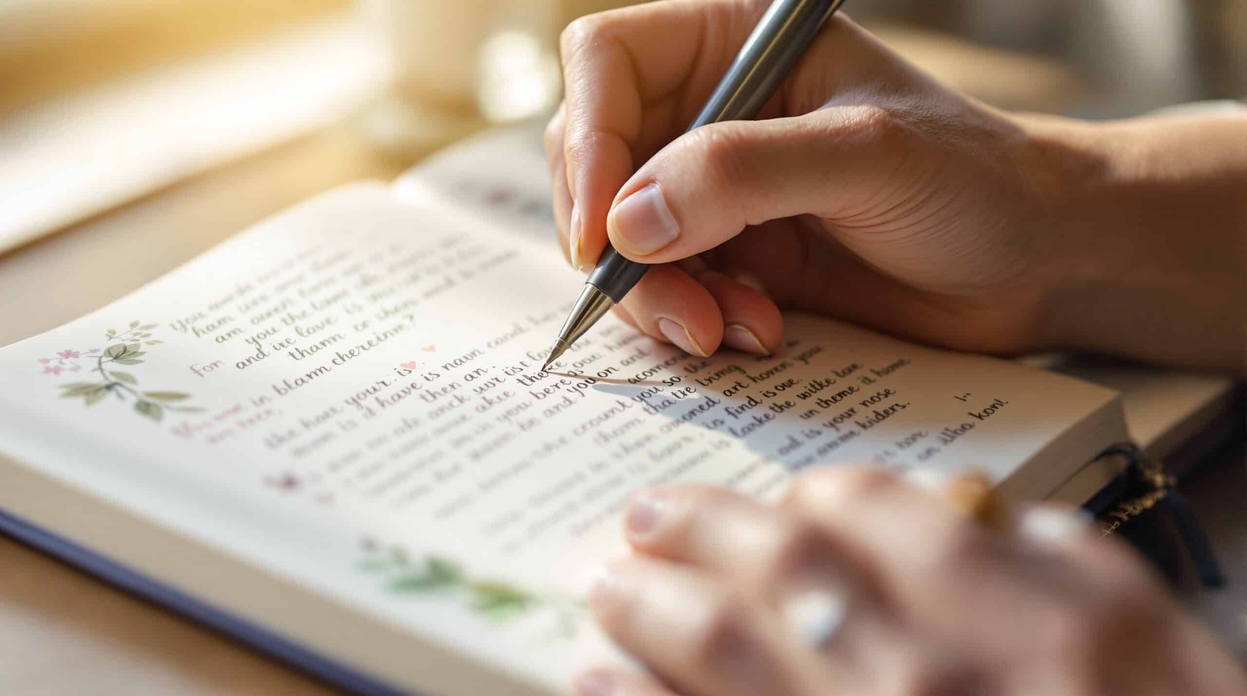 Close-up of hands writing in a Bible journal with watercolor decorations and highlighted verses in soft natural light