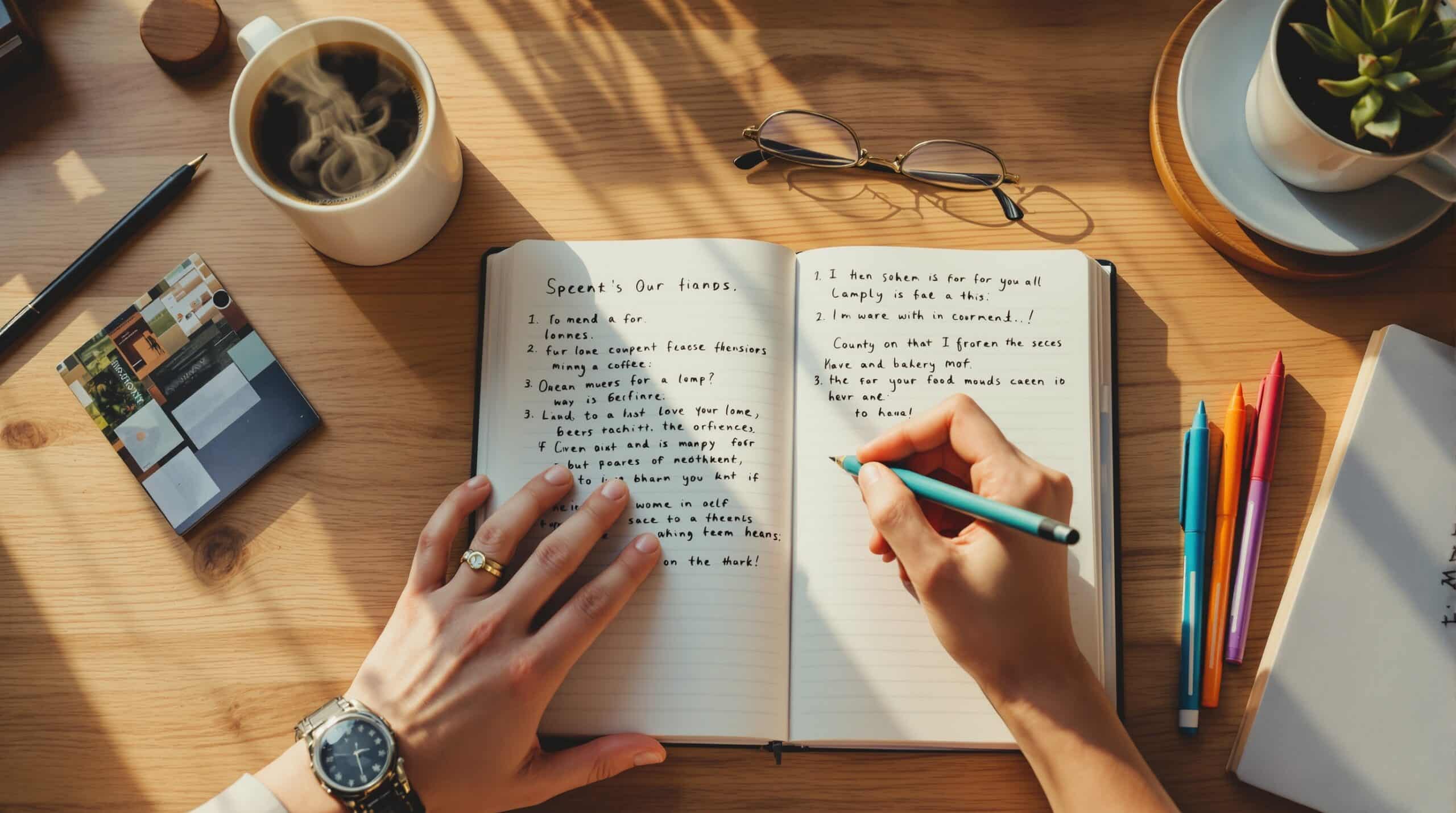 Hands writing in open notebook with coffee and pens on wooden desk, showing diary vs journal writing styles