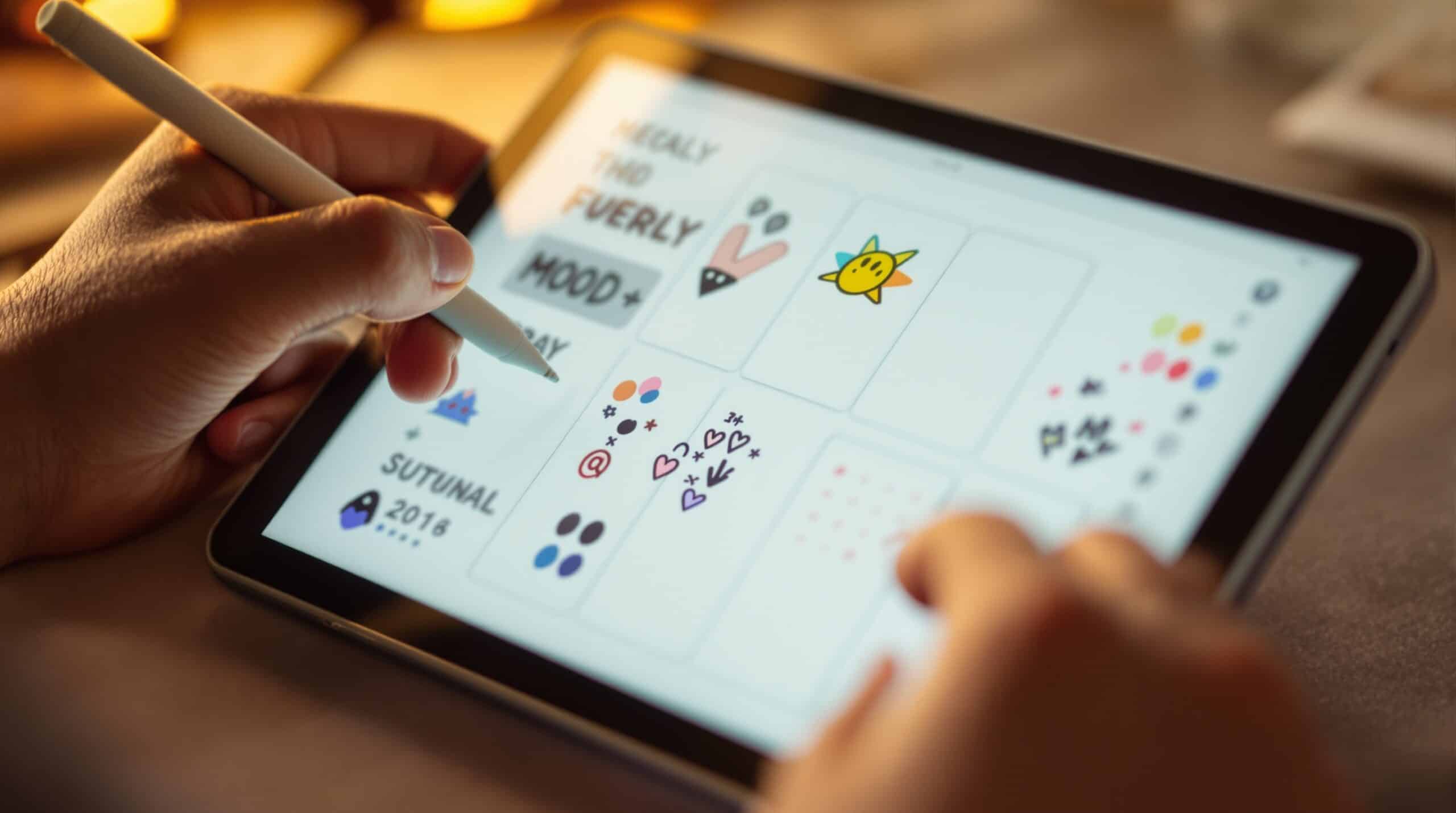 Hands using stylus to draw doodles and habit dots in digital bullet journal app on tablet screen