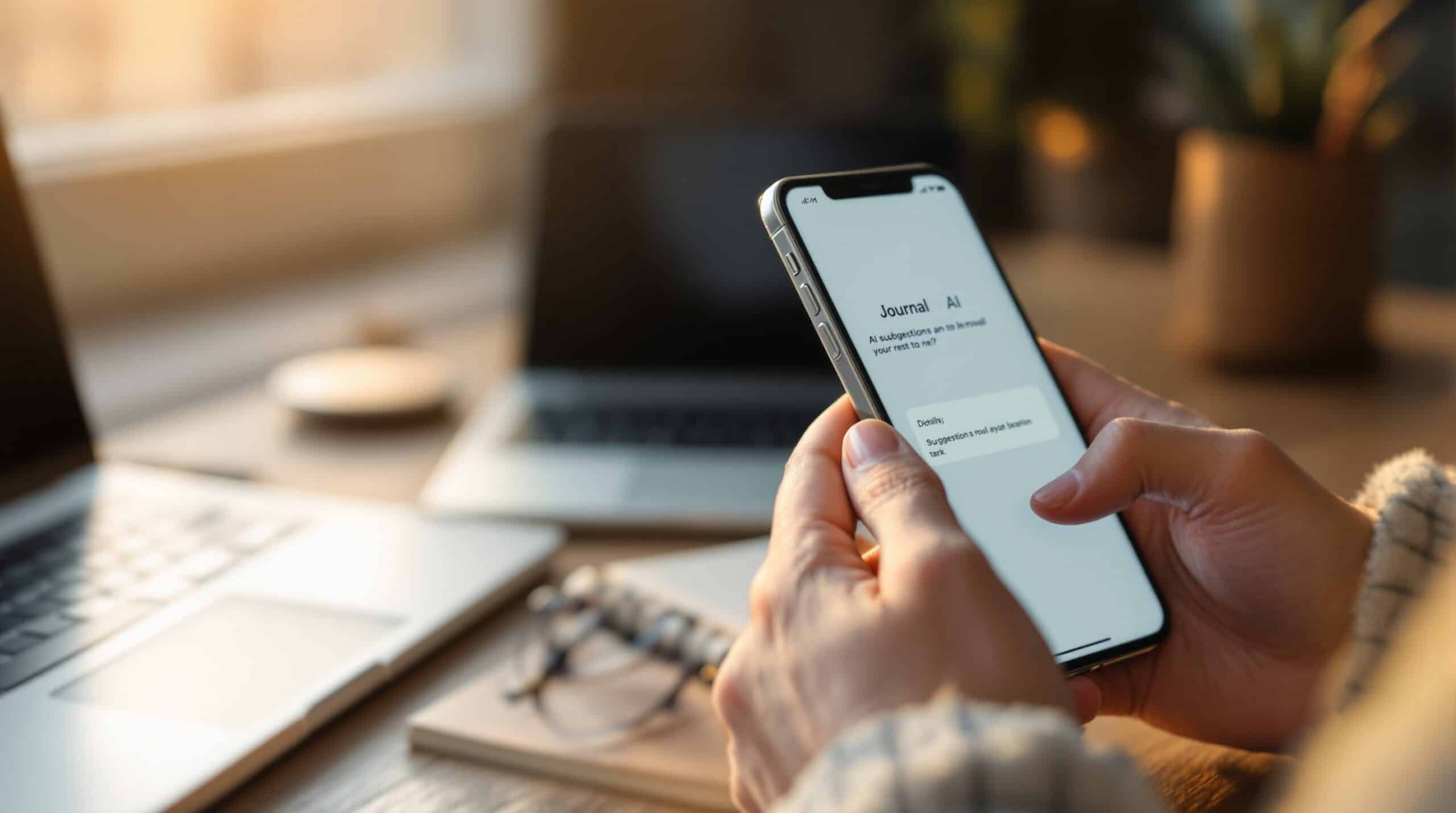 Hands typing on smartphone showing electronic journaling app interface with AI prompts in soft natural lighting