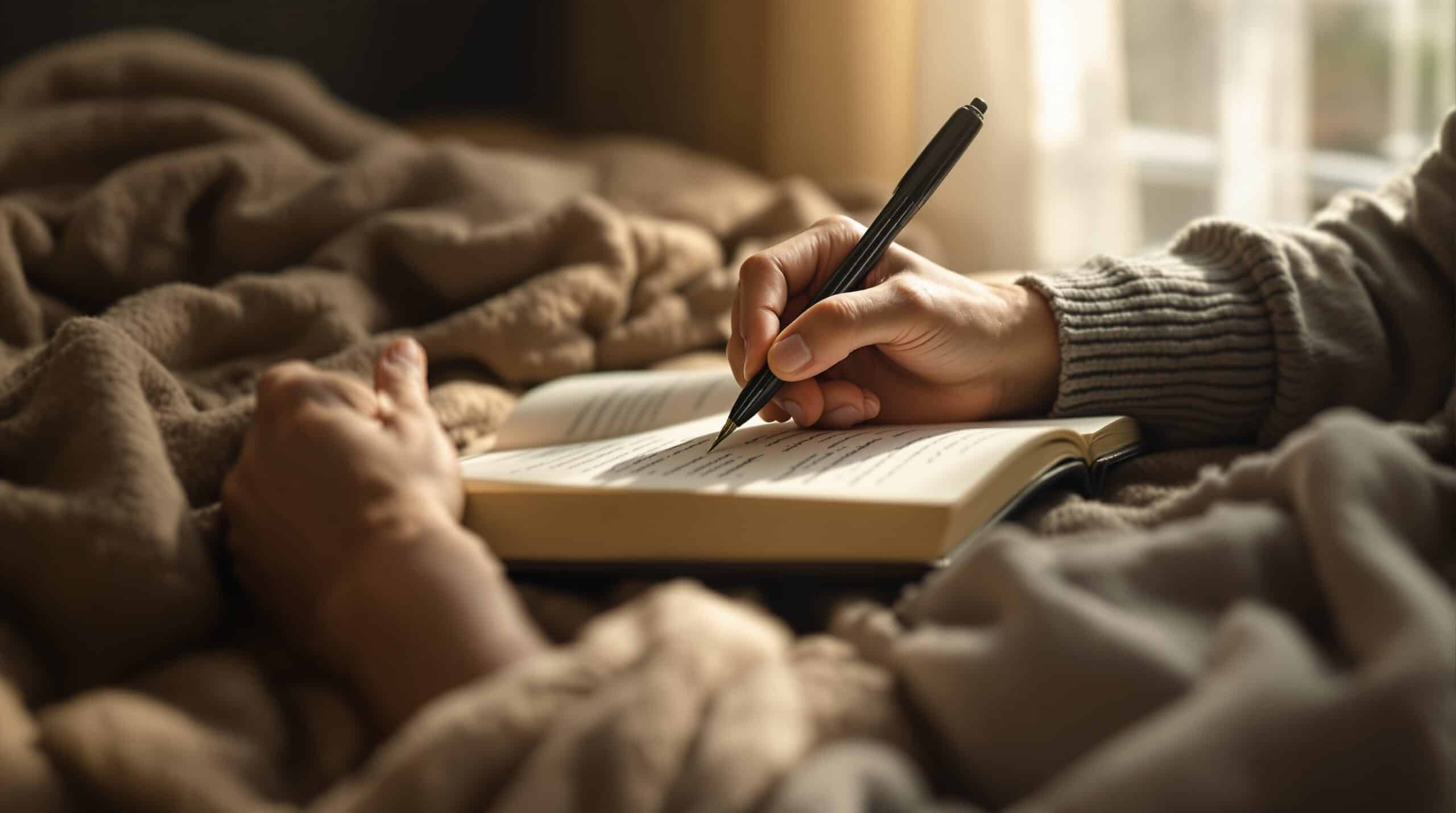 Hands writing in journal with black pen, showing flowing handwriting on open pages in soft natural light