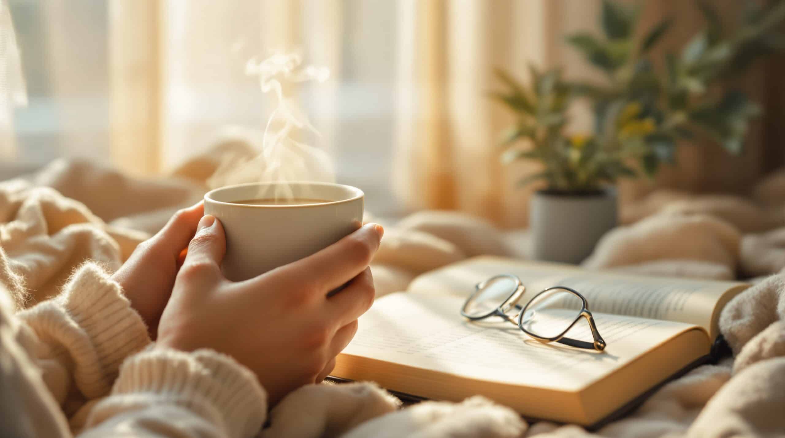 Gentle hands holding warm mug with steam, open journal and reading glasses in cozy nook for emotional journaling practice