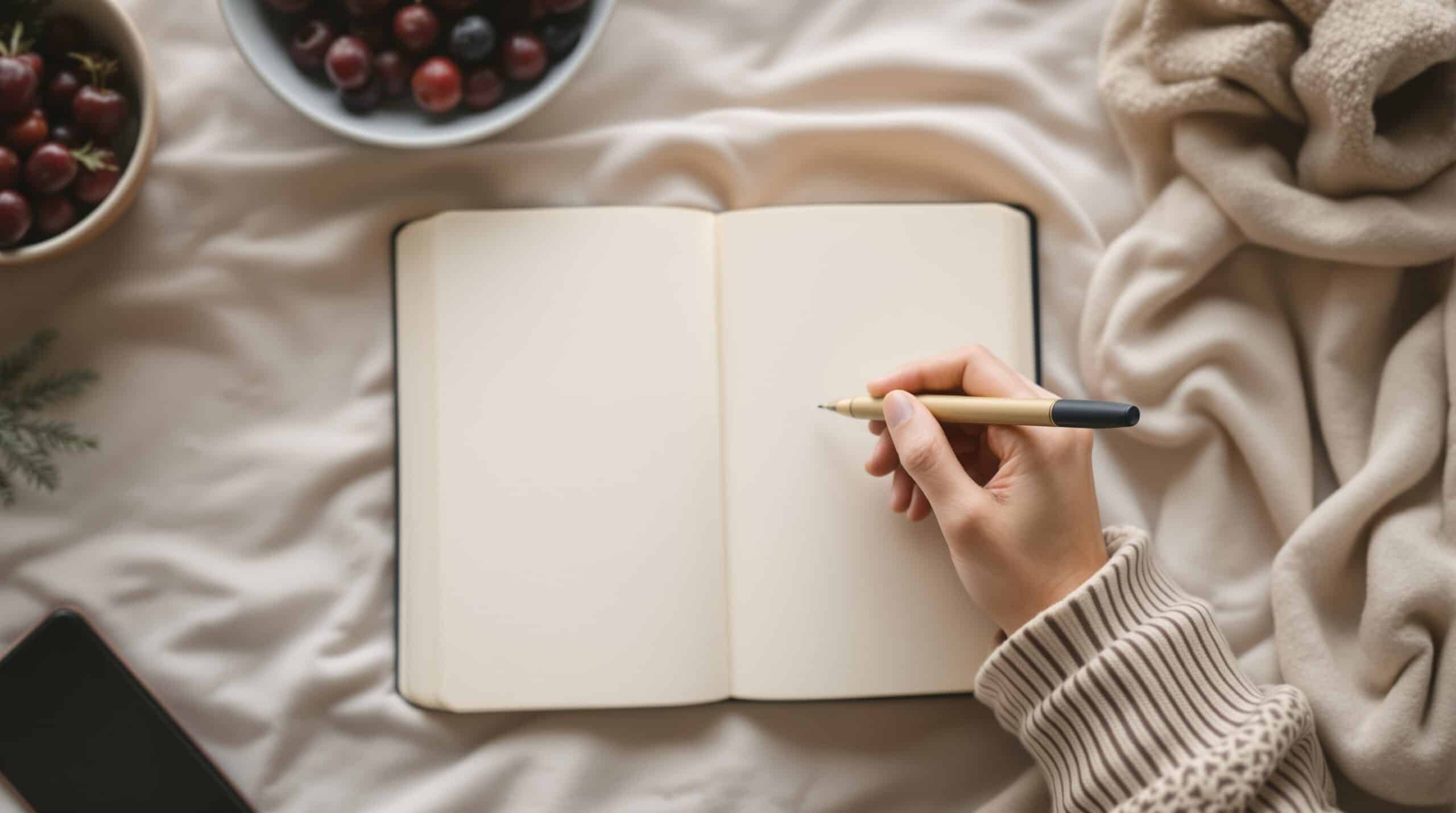 Hands holding pen above blank journal pages, bird's eye view with smartphone and berries nearby, ready to begin writing