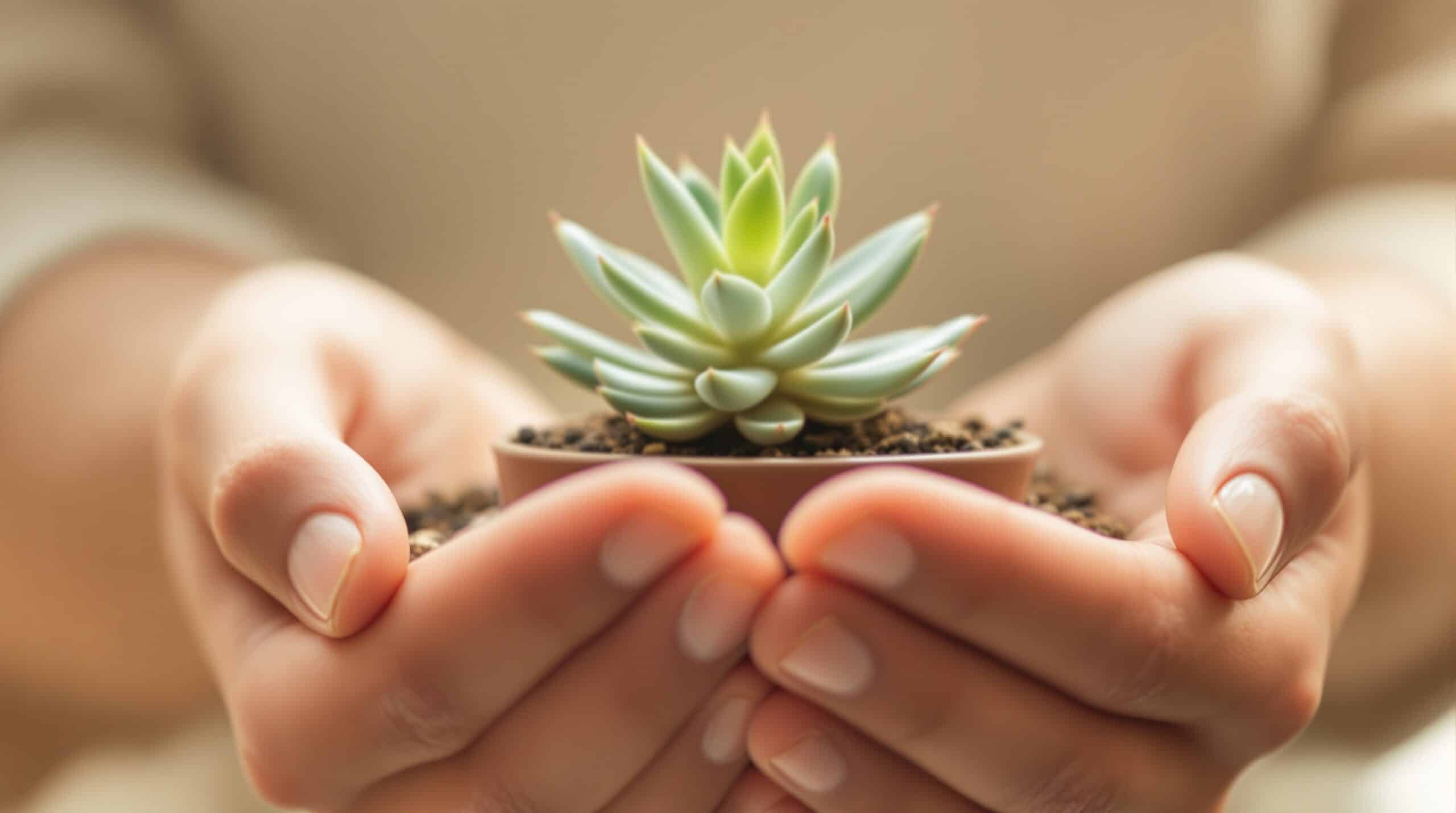 Hands gently cupping a small succulent plant in soft natural light, symbolizing mindful gratitude and nurturing growth