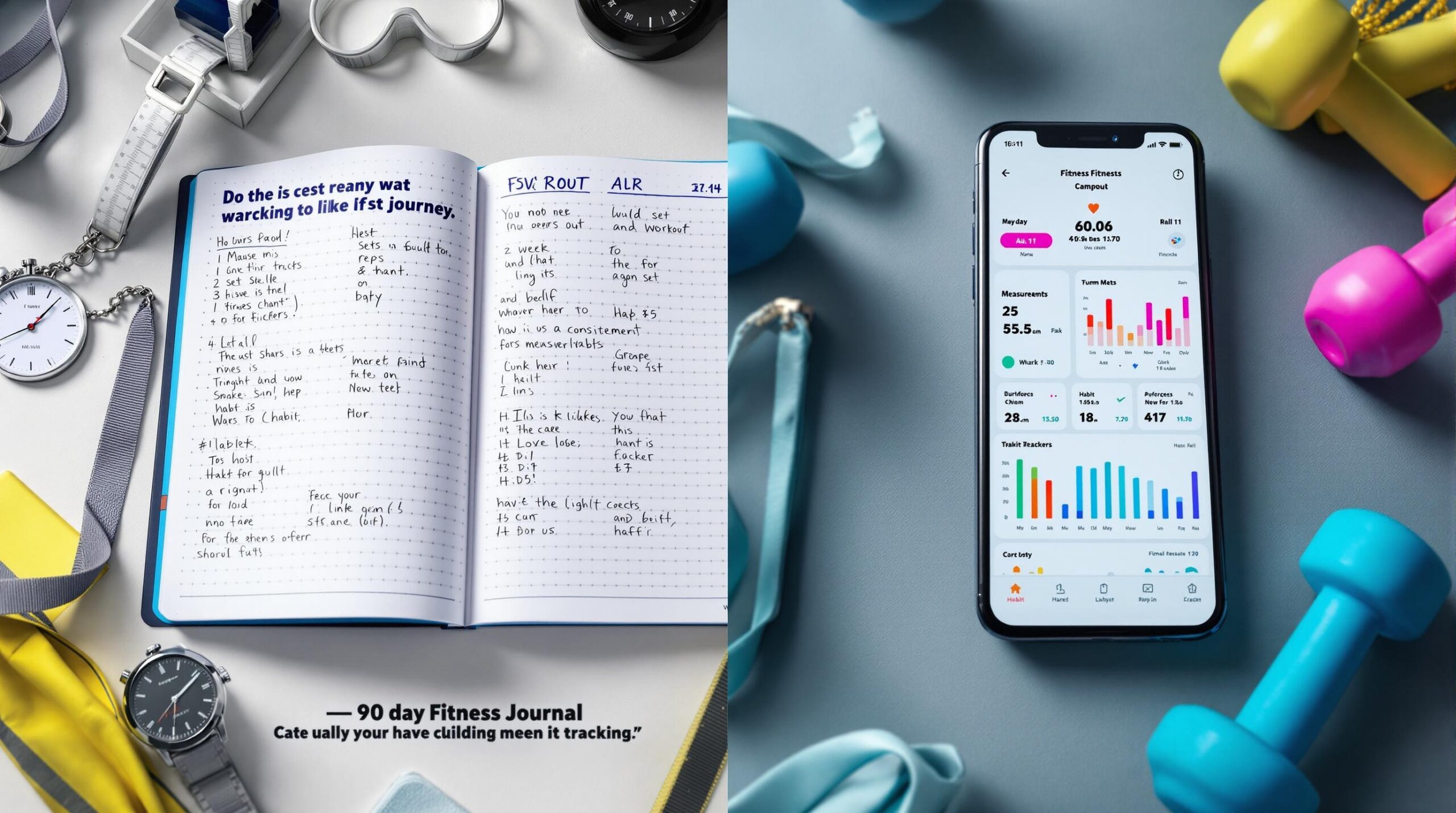  Split-screen comparison of a physical fitness journal with handwritten workout entries alongside a smartphone fitness app displaying progress graphs, surrounded by a stopwatch, water bottle, and dumbbells. 