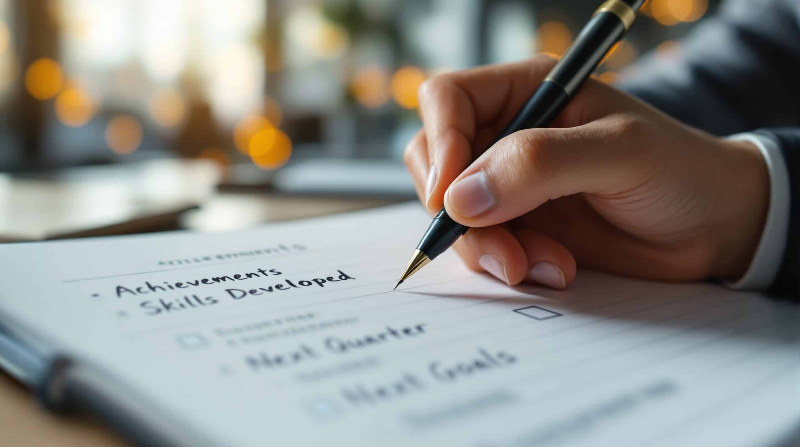 Hands writing in a career journal with sections for achievements, skills, and goals in a modern office setting