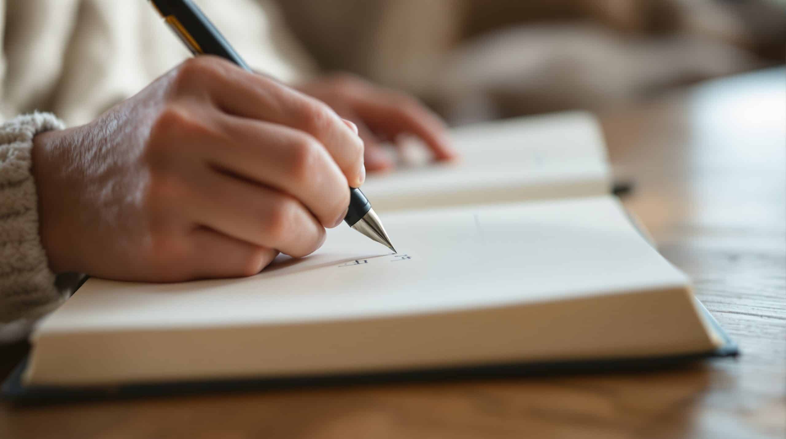Close-up of hands writing in a gratitude journal with a pen, showing thoughtful script on textured paper