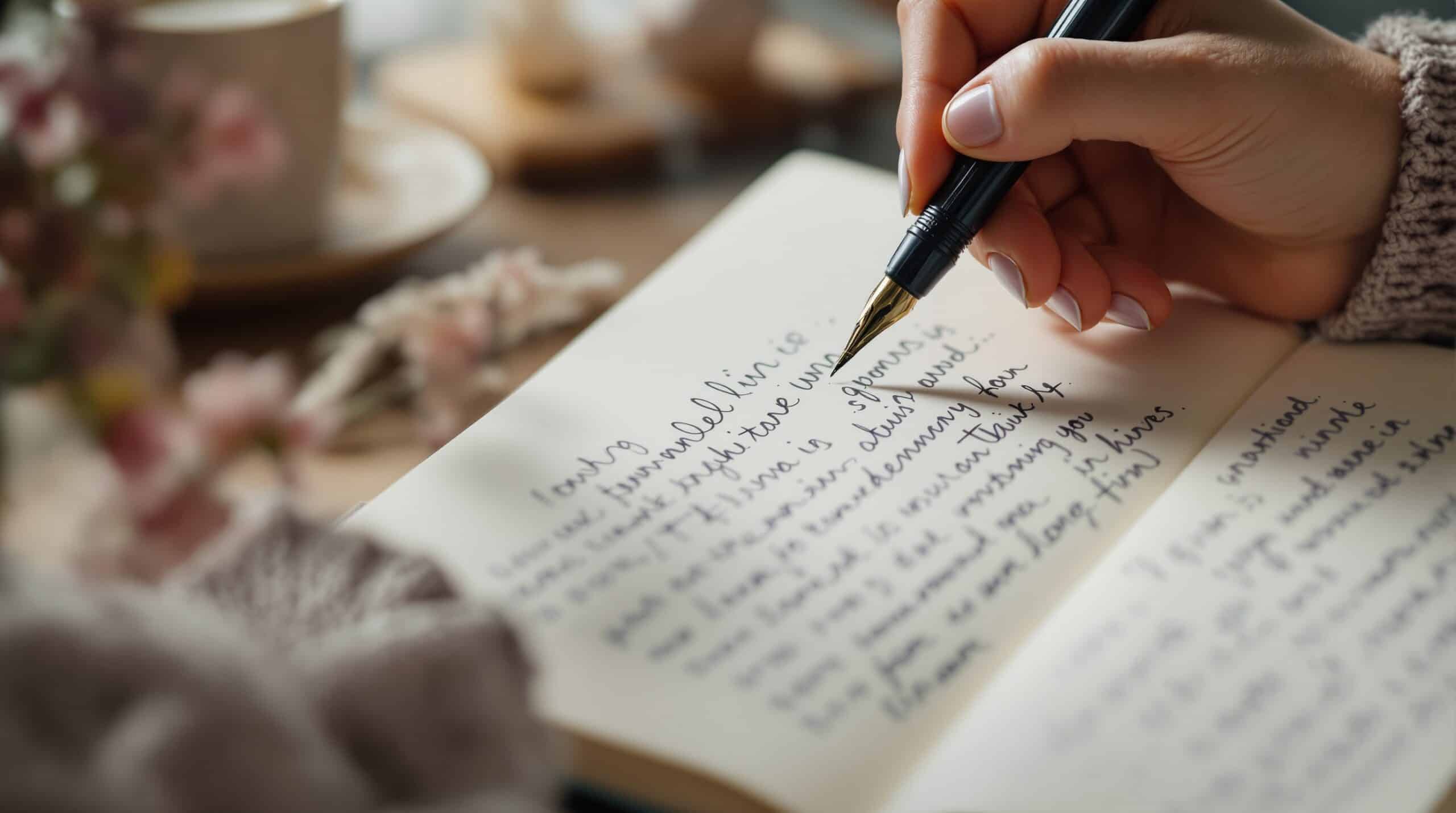 Hands writing in journal with fountain pen, cozy sweater sleeve visible, warm lighting creating intimate journaling atmosphere