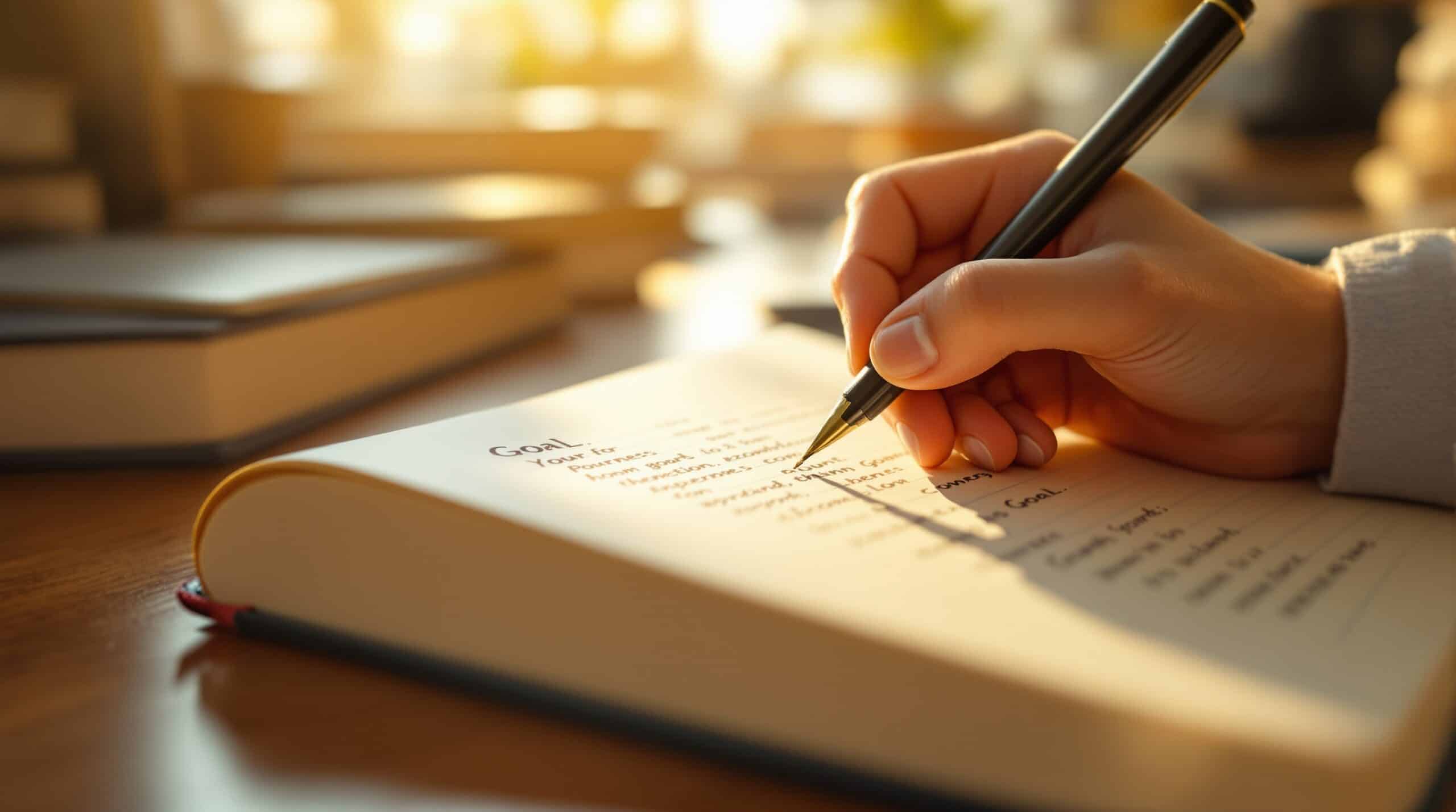 Hands writing goals in journal with pen, soft morning light creating warm atmosphere for goal journaling practice