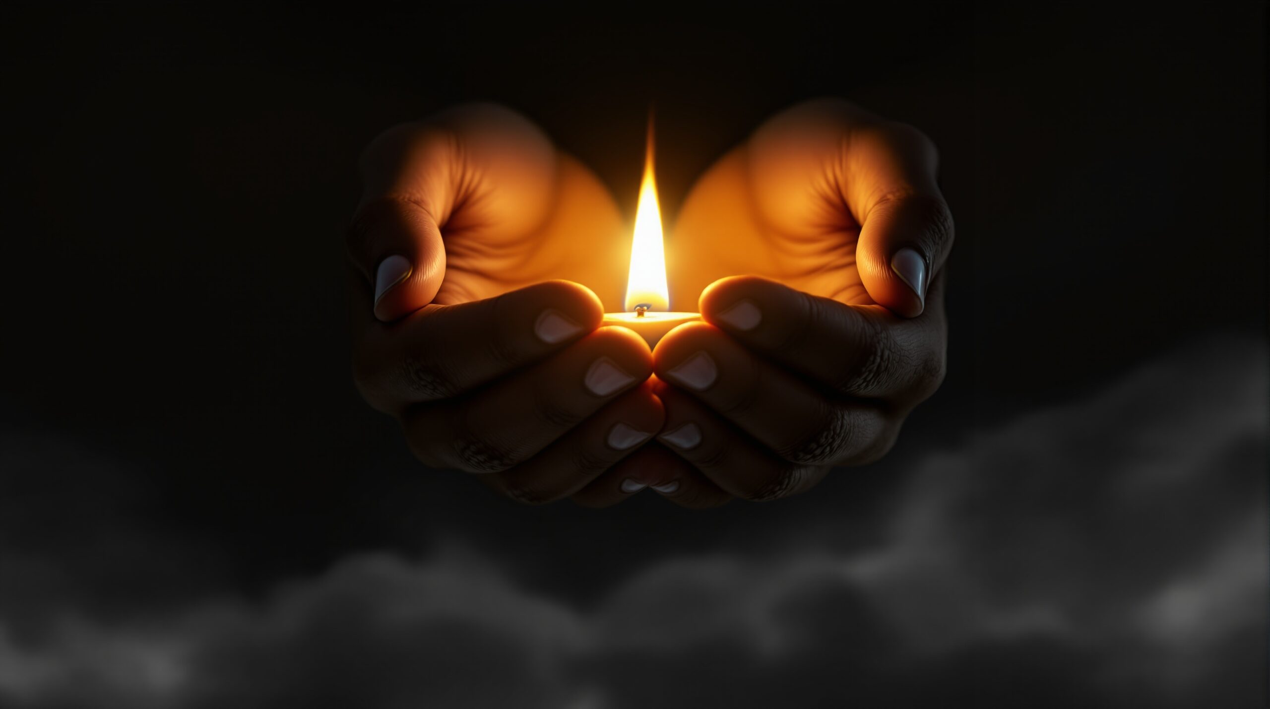 Hands cupped protectively around glowing candle flame against dark background, symbolizing hope and gratitude in difficult times