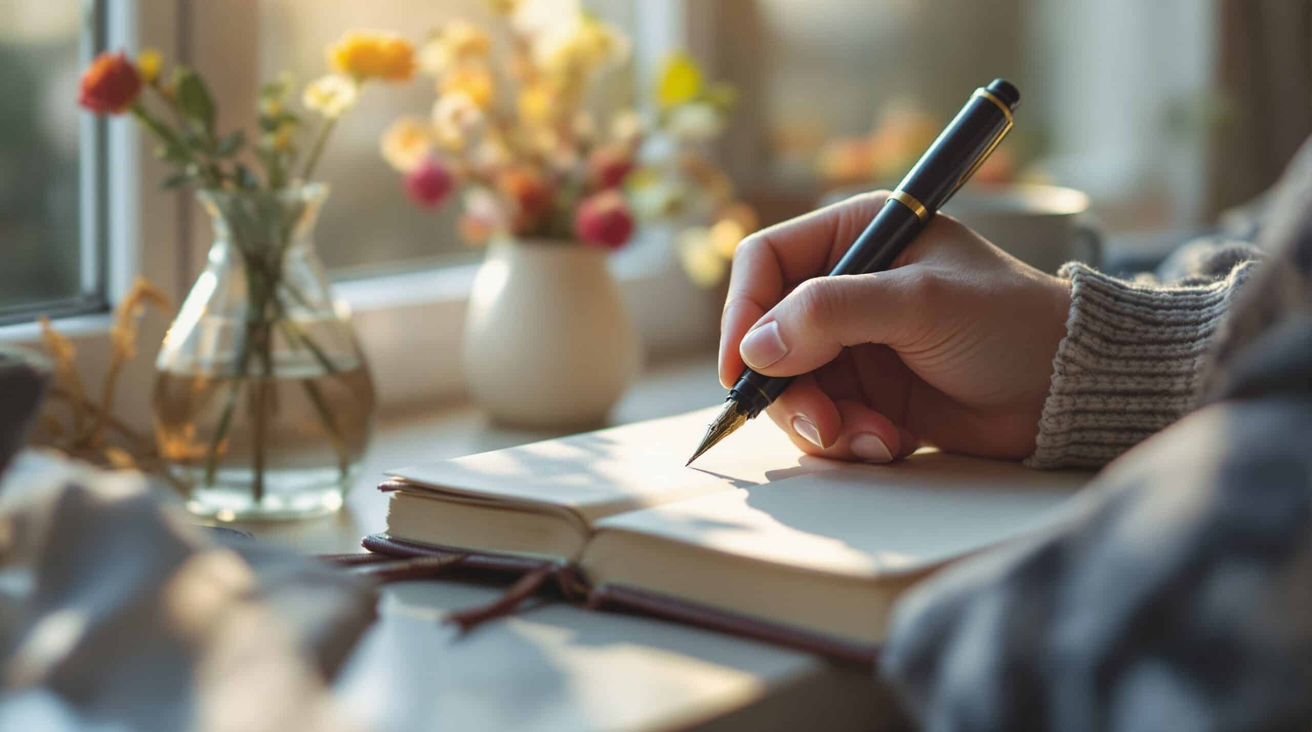 Hands writing in leather journal with fountain pen on windowsill, soft morning light and seasonal flowers in background