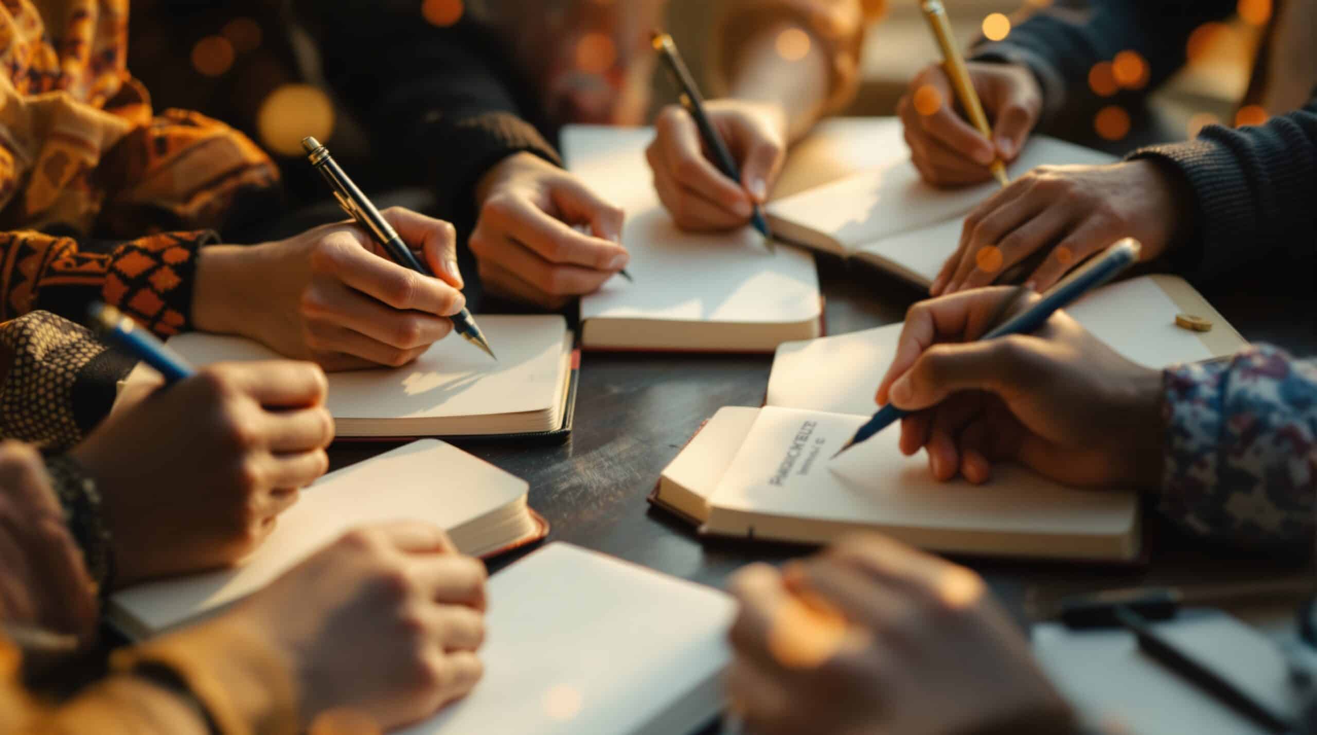 Diverse hands writing in journals with various cultural writing tools, captured in warm golden lighting