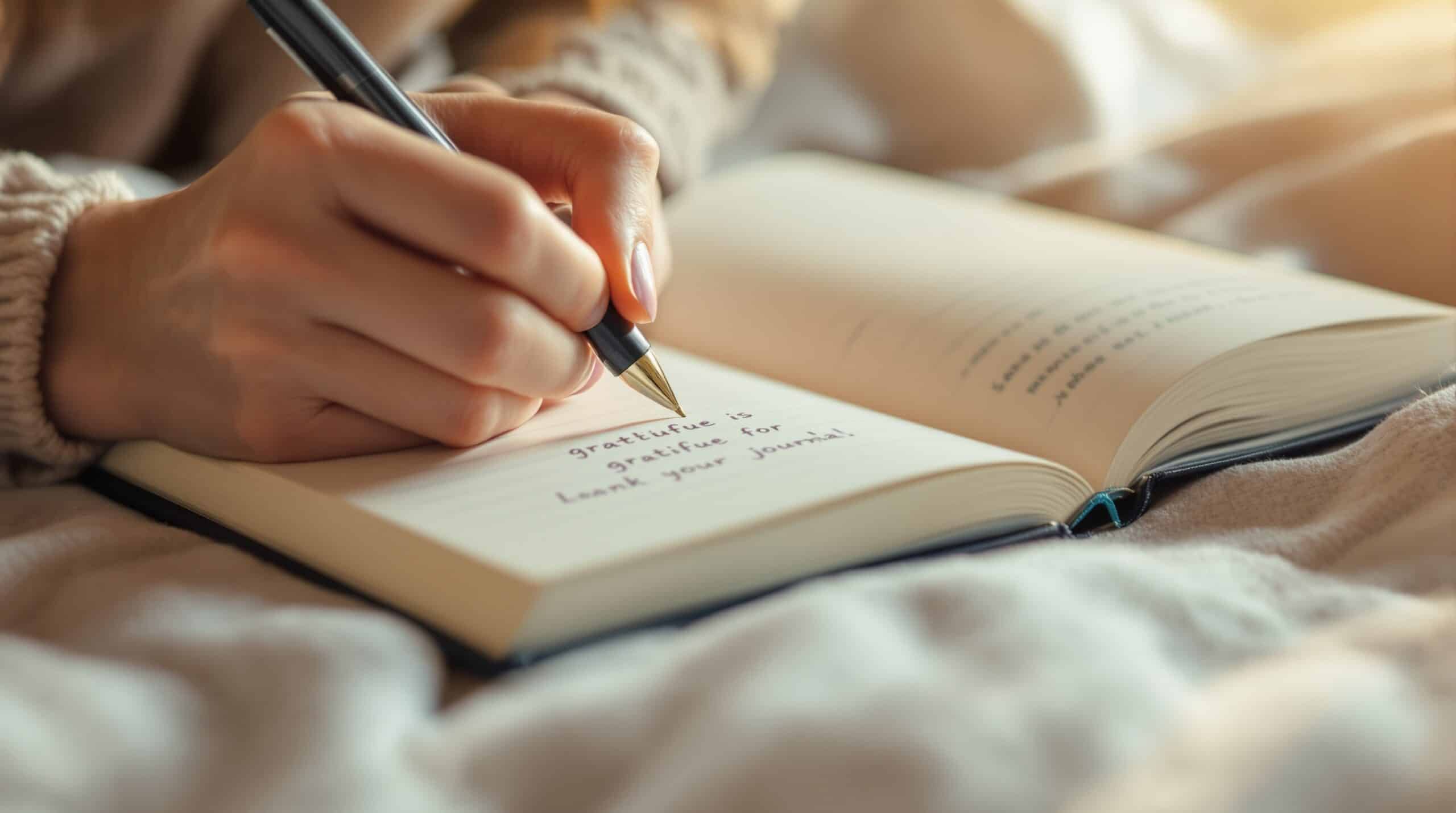 Close-up of hands writing in gratitude journal with pen, showing personal journaling practice in warm lighting