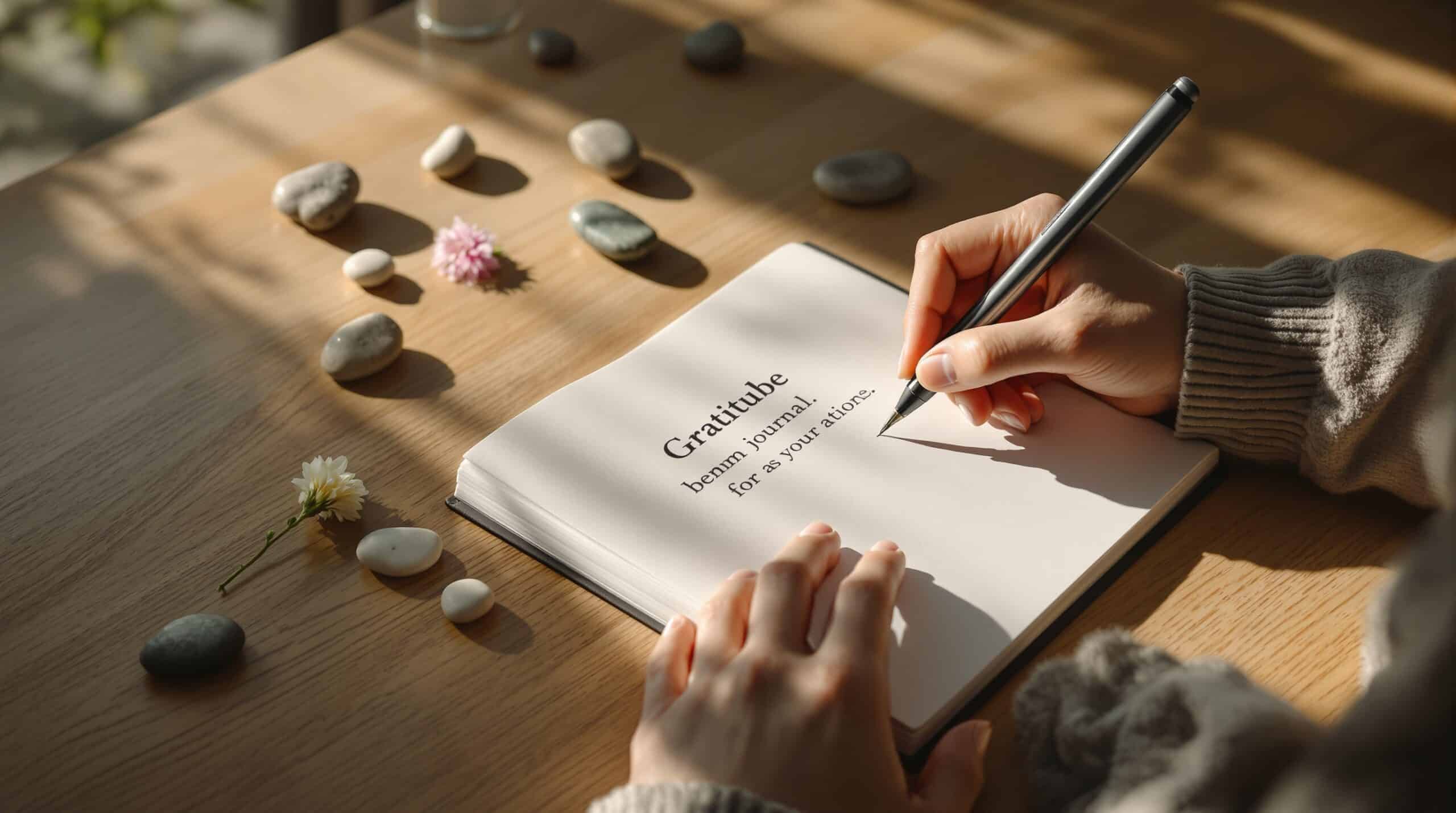 Hands writing in gratitude journal at wooden desk with soft morning light, surrounded by meaningful objects like stones and flower