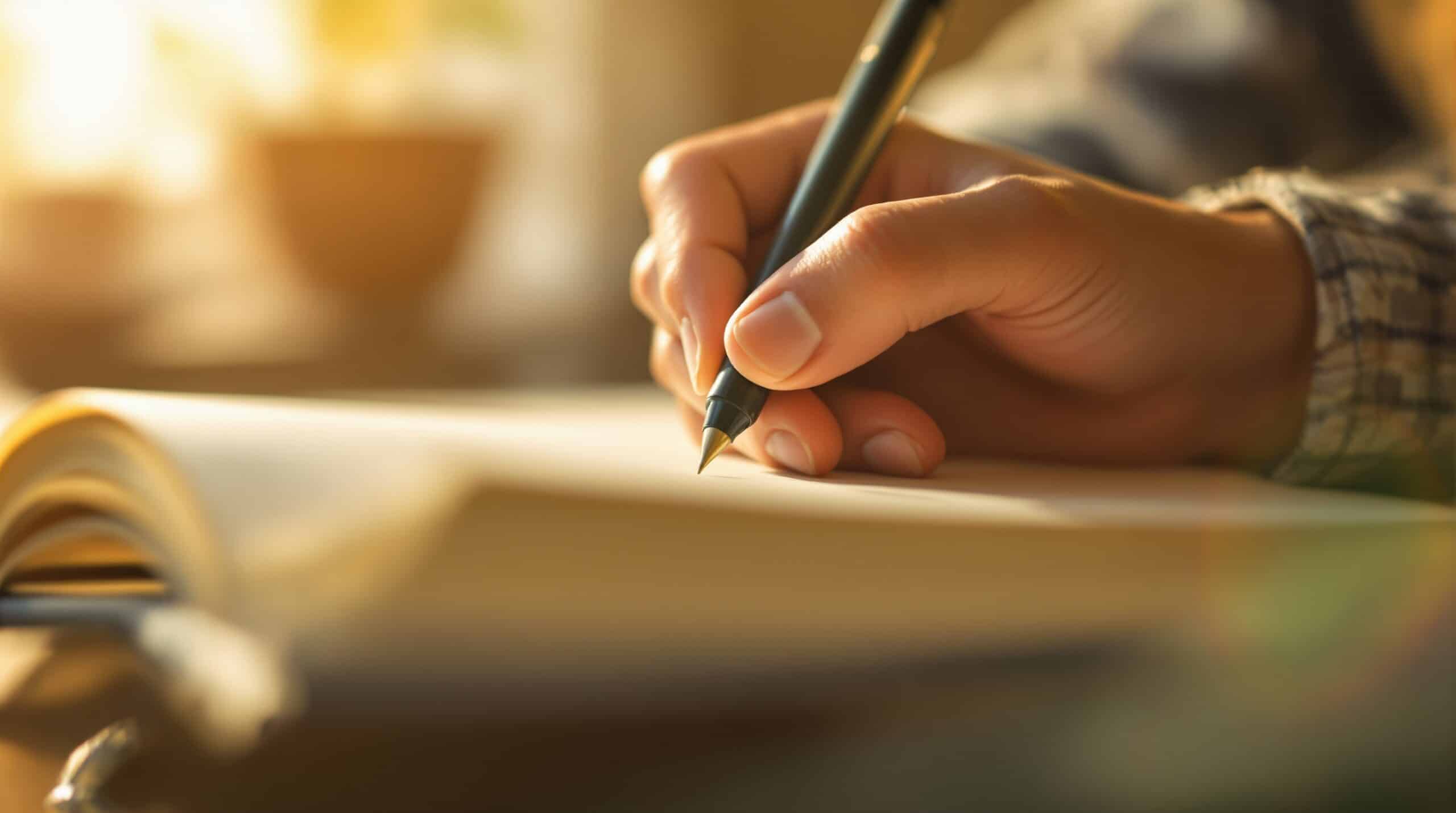 Close-up of hands writing in journal with pen during golden hour lighting, showing health journaling practice