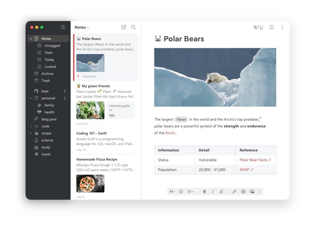 Screenshot of the Bear app interface showing a well-organized note about polar bears. The left sidebar displays a hierarchical tag structure including categories like 'bear', 'personal', 'family', 'health', 'blog post', 'code', 'recipe', 'science', 'study', and 'travel'. The center column shows note previews including 'Polar Bears', 'My green friends', 'Coding 101 - Swift', and 'Homemade Pizza Recipe'. The main content area displays a formatted note about polar bears with a large image of a polar bear on ice, markdown-formatted text, and a data table showing conservation status. The clean, minimalist interface demonstrates Bear's elegant design and organizational capabilities.