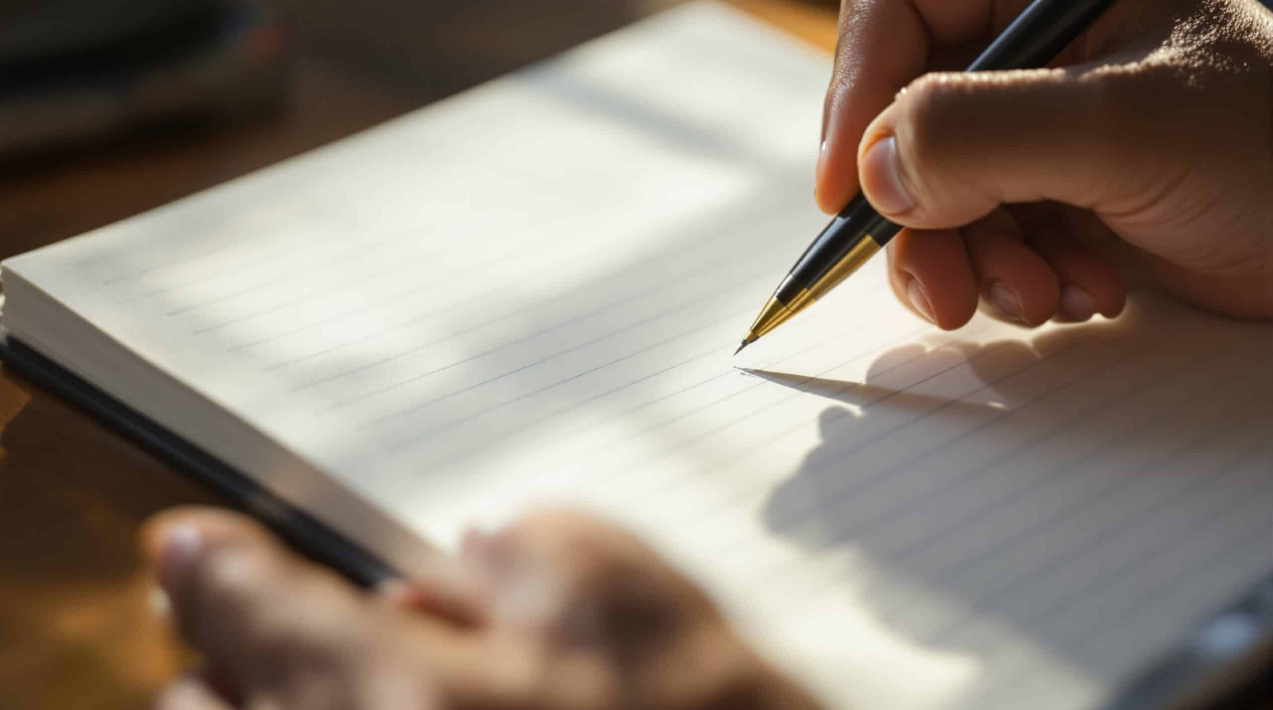 Teen hands holding pen over open journal page, ready to write for mental health and emotional wellness