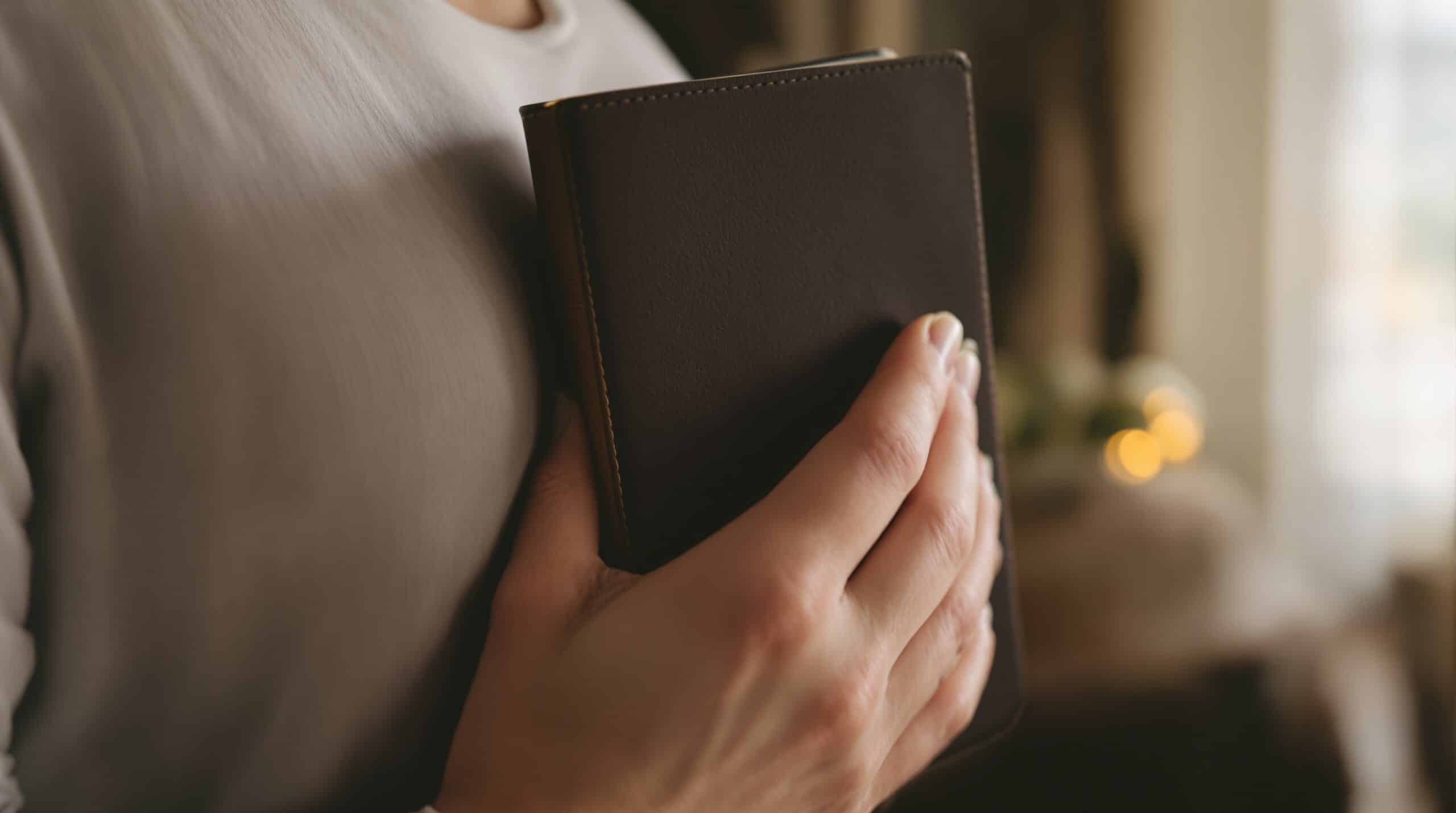 Hands gently holding a leather journal against chest in soft lighting, symbolizing mood journaling for emotional healing