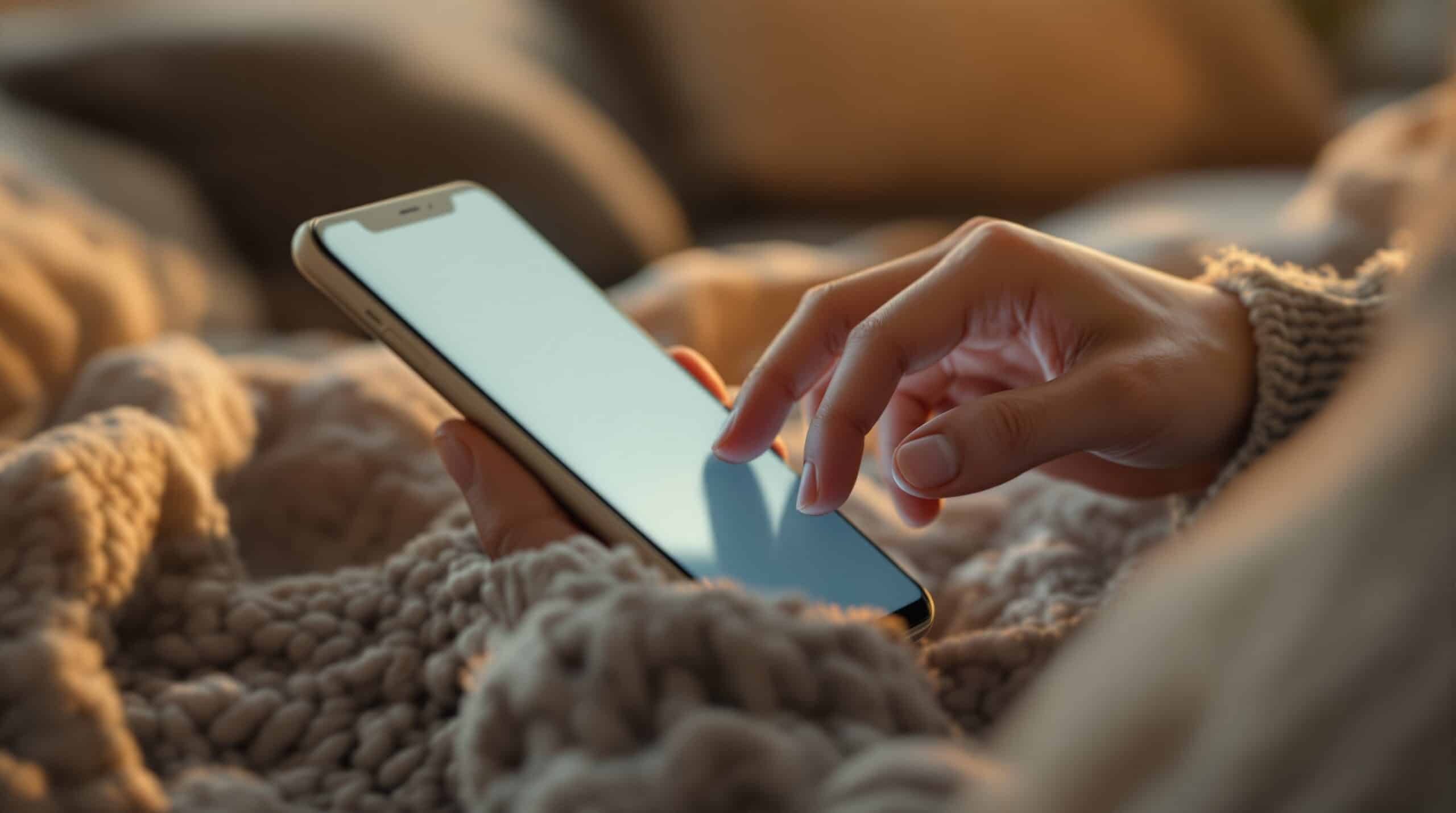 Hands gently typing on smartphone screen in warm lighting, suggesting digital journaling for mental health benefits