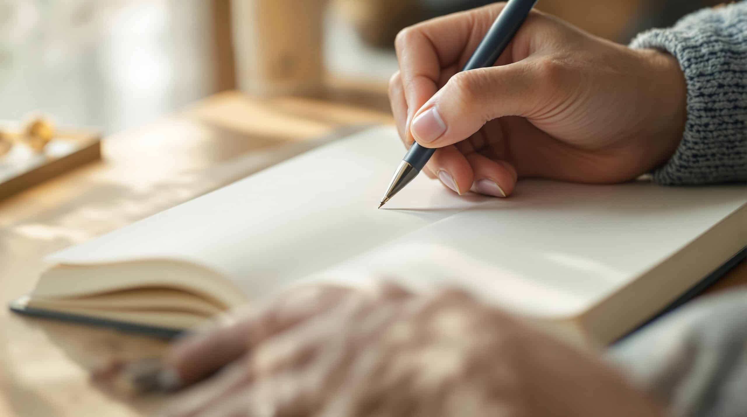 Hands holding pen above blank journal pages, ready to begin goal journaling in soft natural lighting