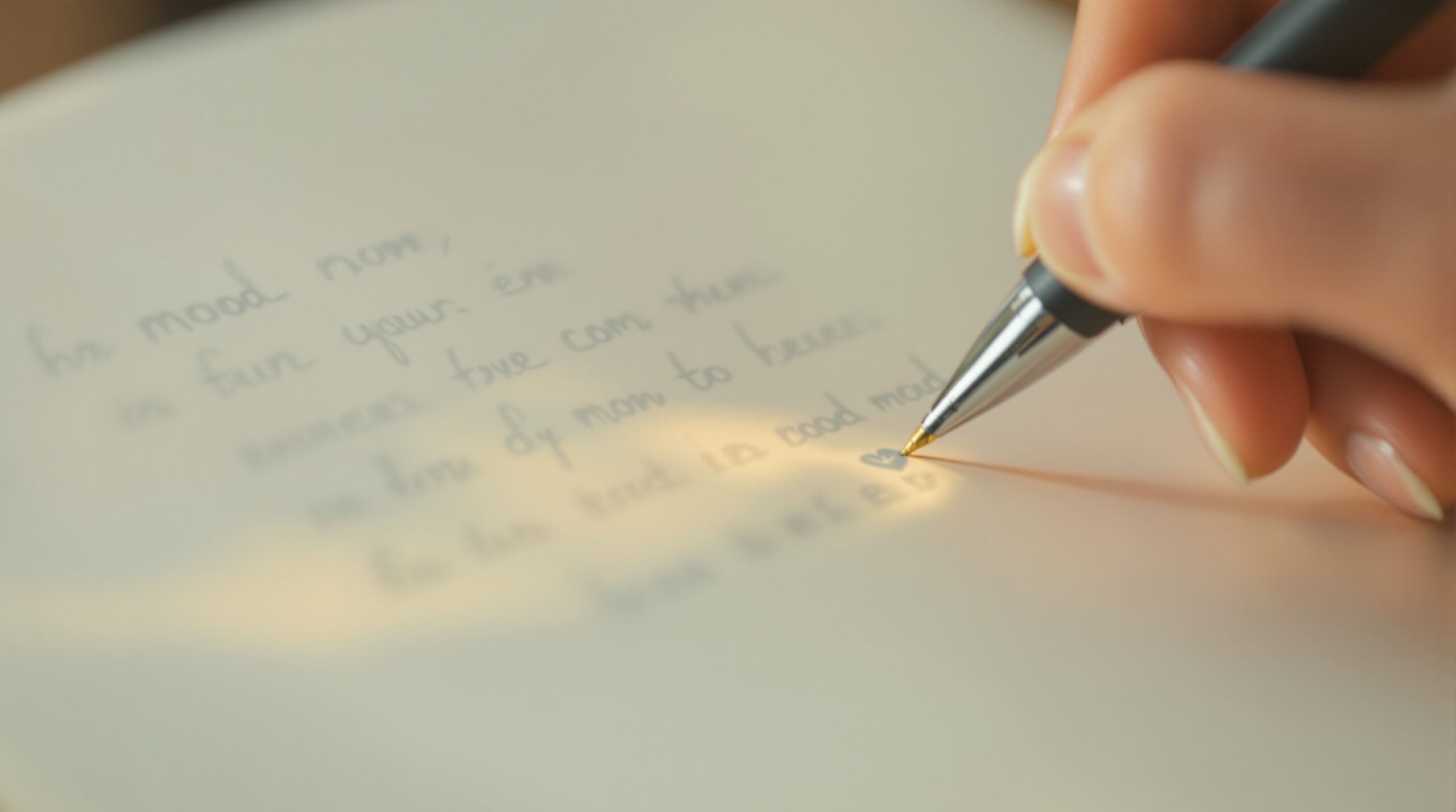 Hands writing in journal with pen, showing handwritten text and emotion symbols in warm, soft lighting