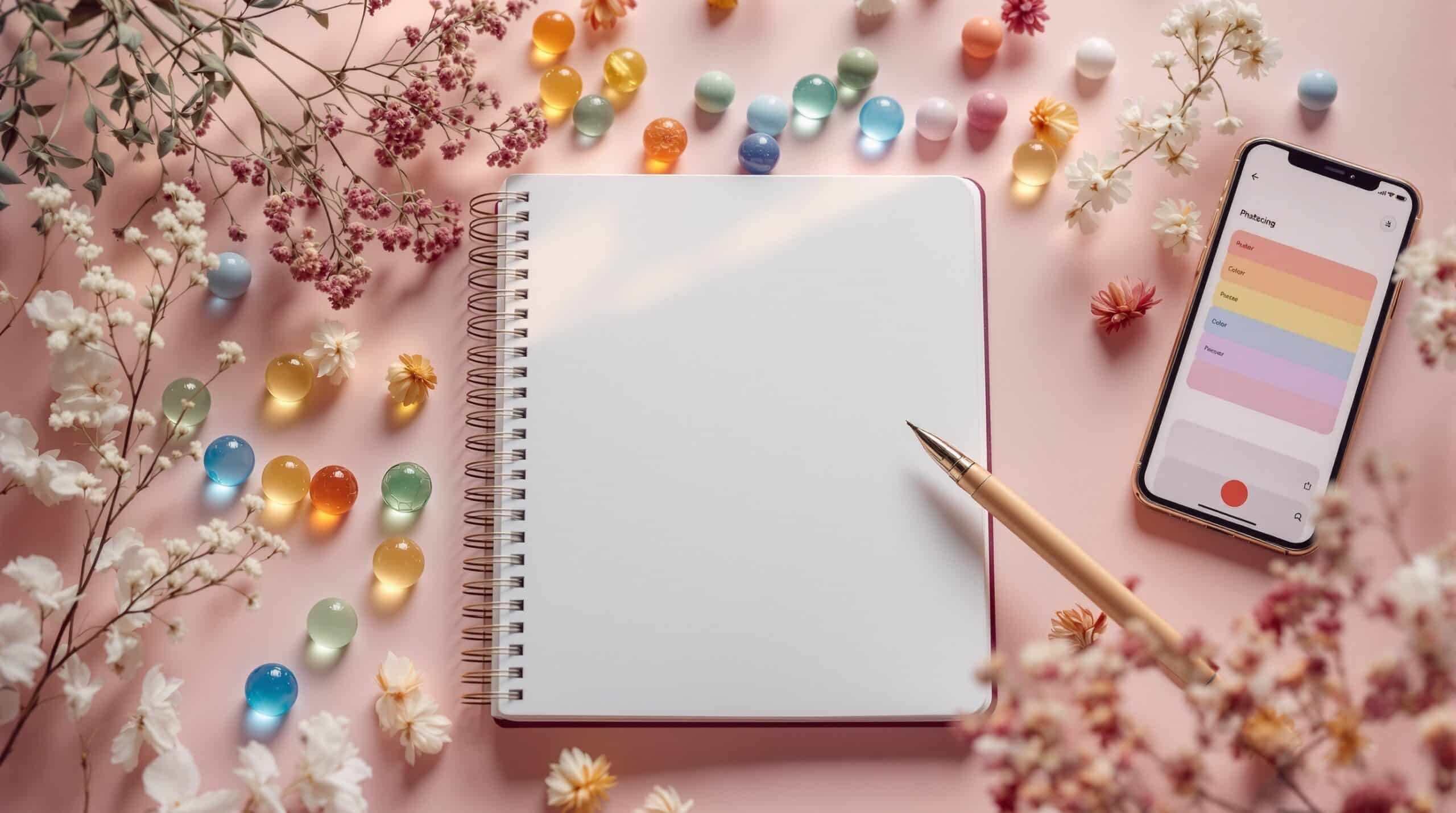 Mood journaling tools including open notebook, colorful glass stones, smartphone with color palette, and dried flowers