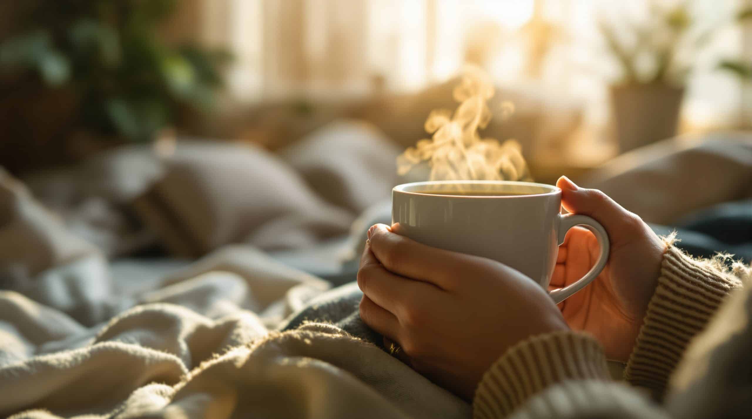 Hands holding steaming mug in soft morning light, creating peaceful moment for thought journaling and daily reflection