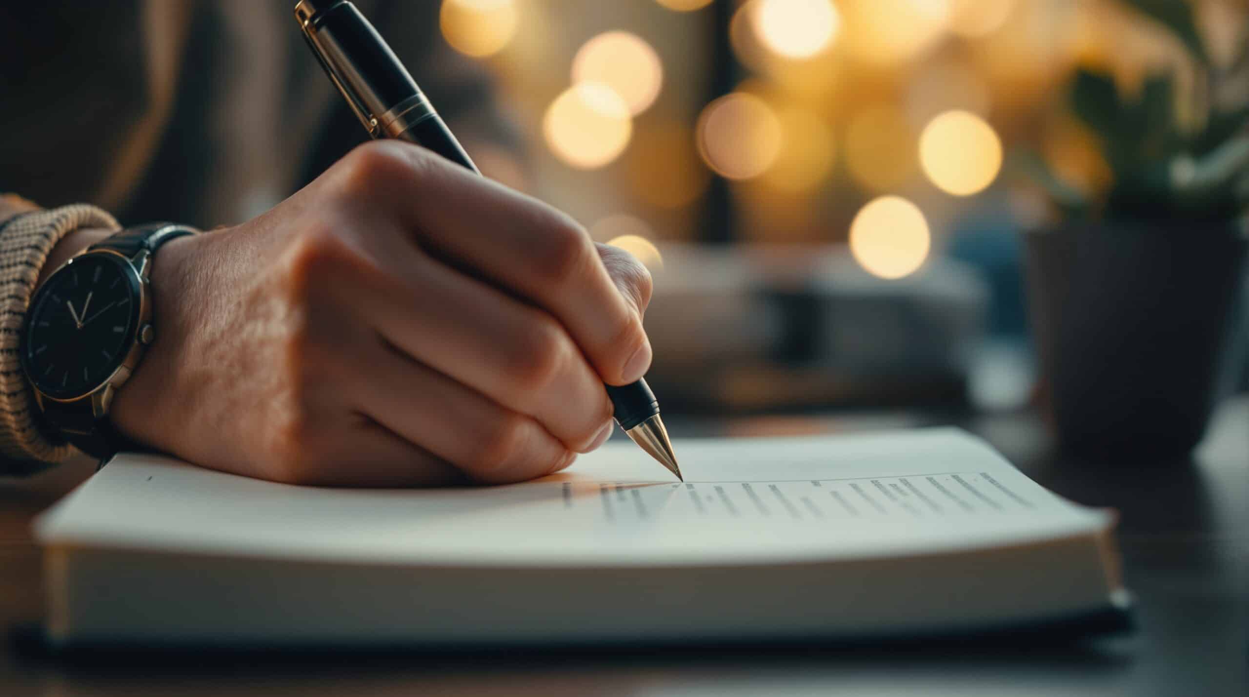 Close-up of hands writing in a 100-day goal journal with a pen, showing daily progress tracking in warm lighting