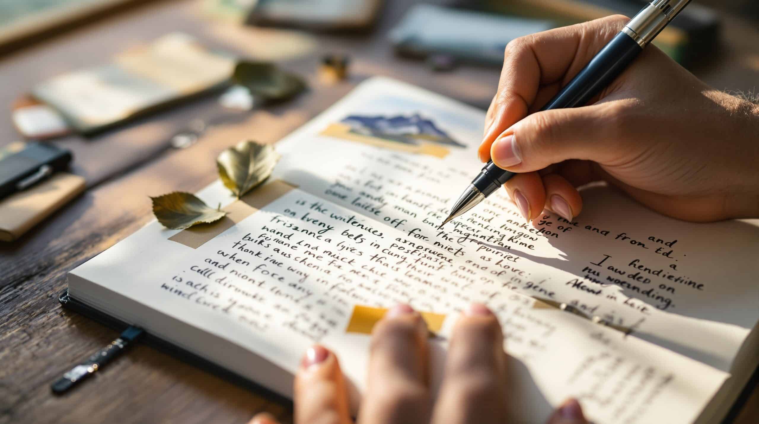 Hands writing in travel journal with watercolor sketches, pressed leaf, and ticket stubs on pages