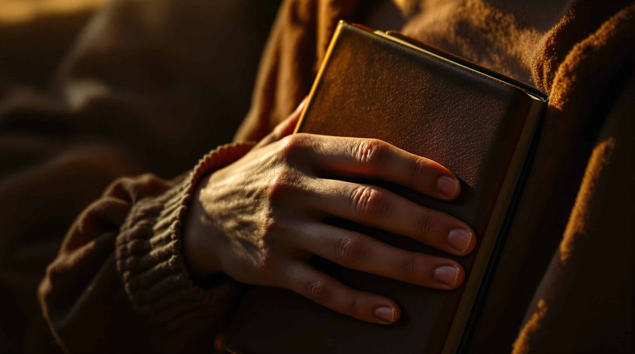 Hands gently holding a leather journal against chest in warm, soft lighting, conveying self-compassion and inner reflection