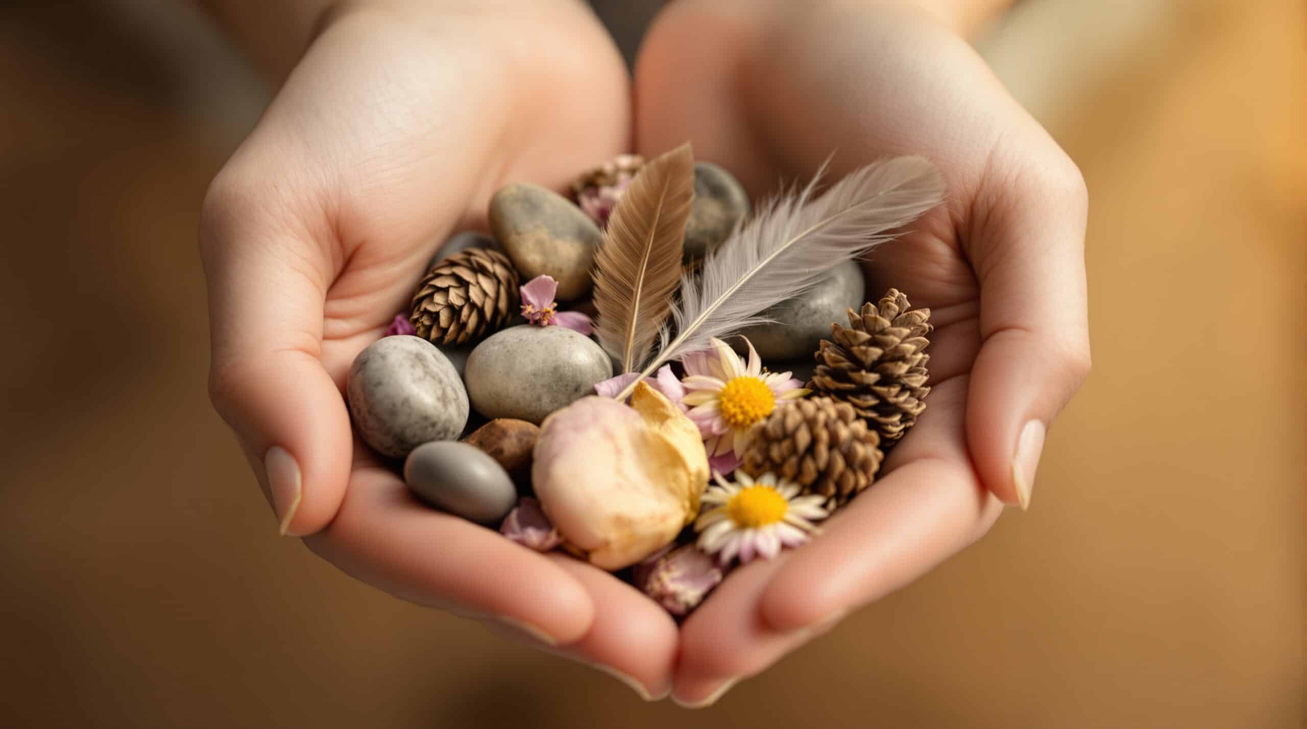 Cupped hands holding small meaningful objects like stones, dried flowers, feather, and pinecones for gratitude practice