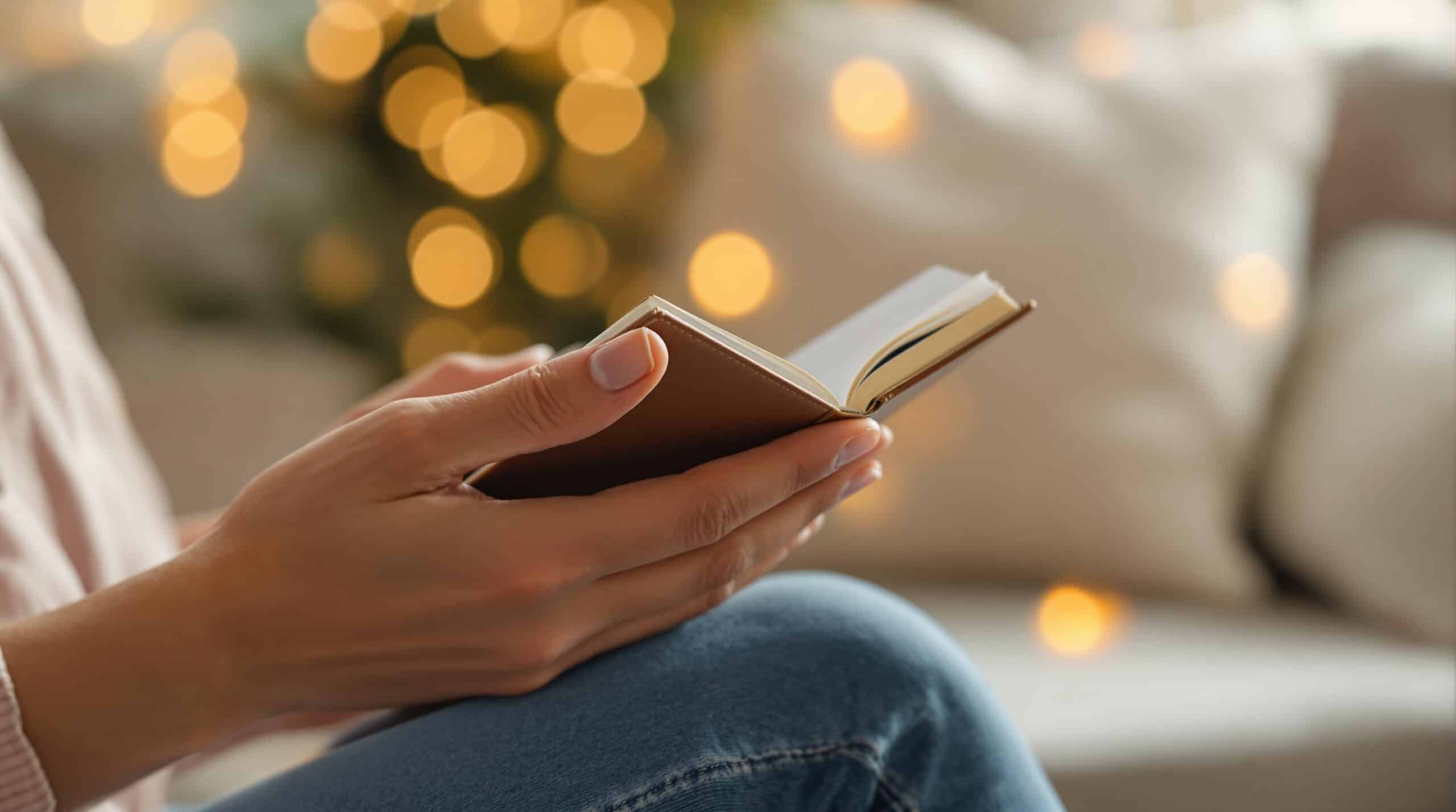 Gentle hands holding a leather journal in a cozy reading nook, representing personal mental health journaling practice