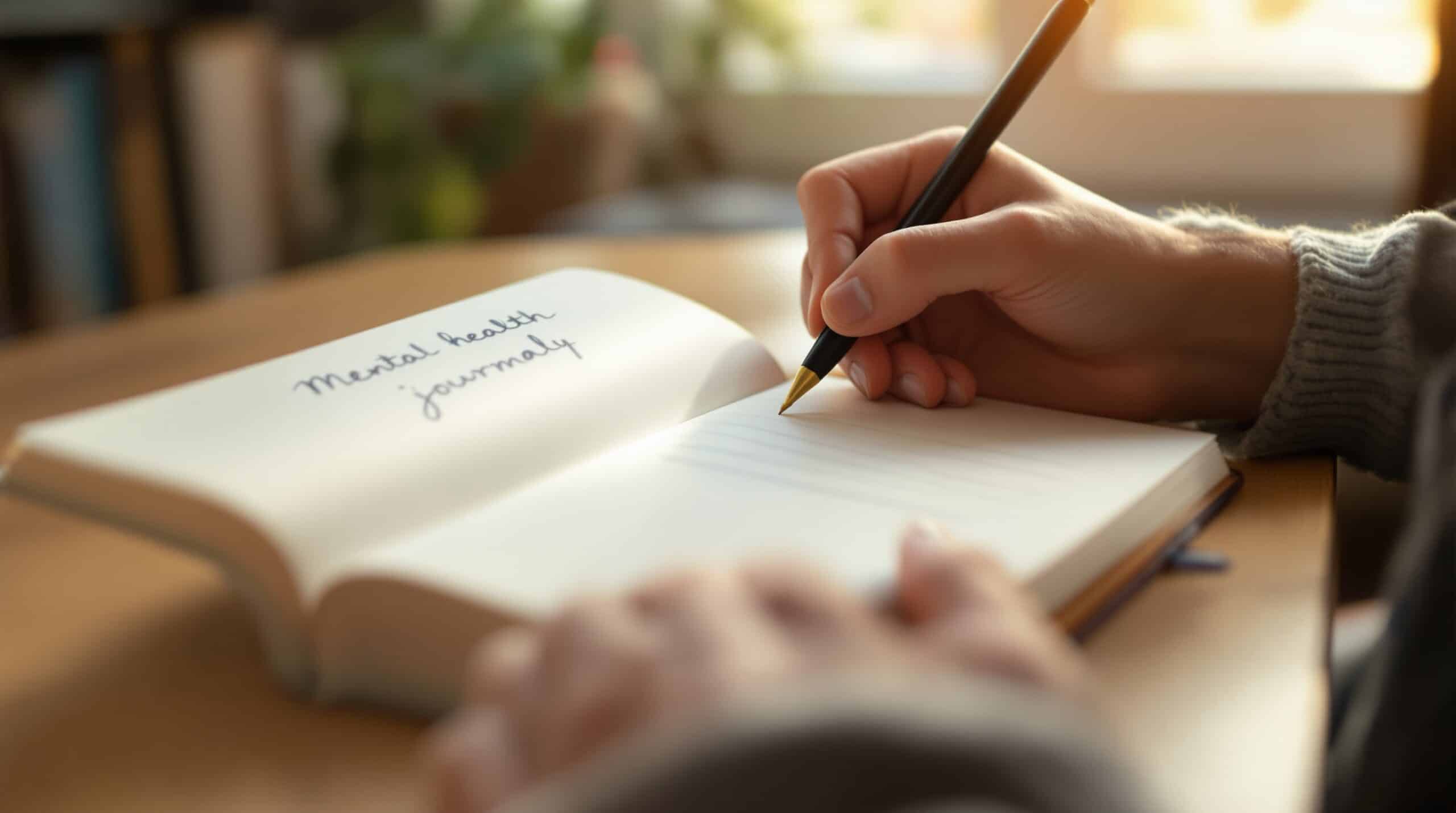 Person writing thoughtfully in journal with warm natural light, demonstrating mental health journaling practice