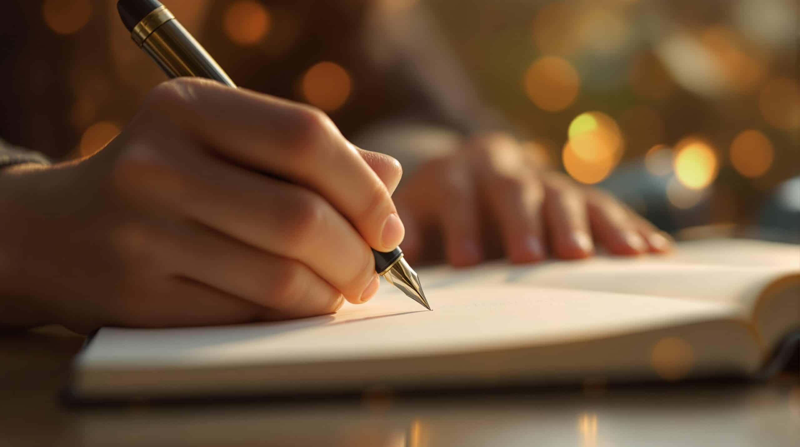 Close-up of hands writing in journal with fountain pen, soft lighting creating peaceful atmosphere for thought journaling CBT