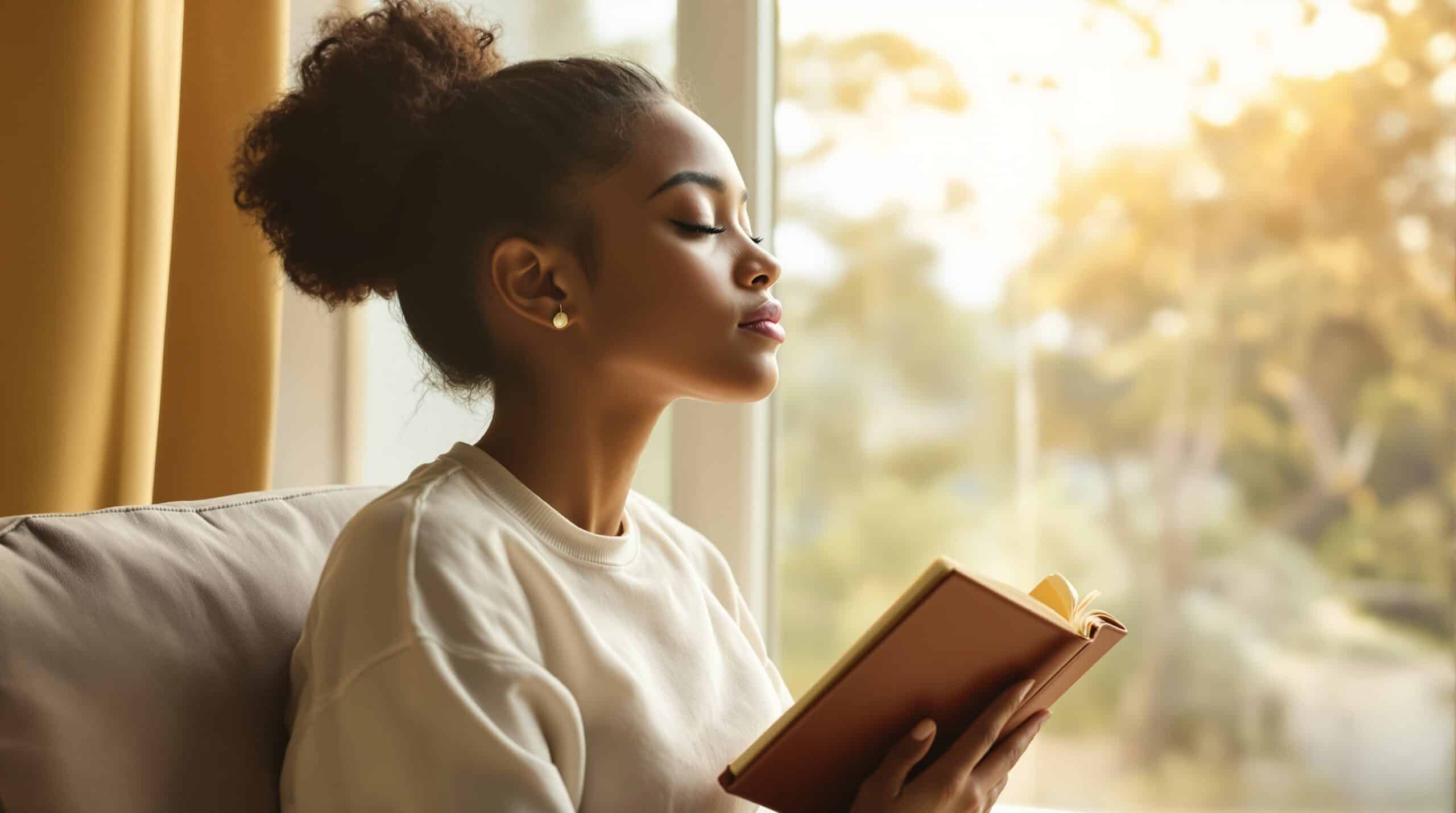 Teenage girl holding leather journal by window in peaceful reflection, soft natural light creating serene mood